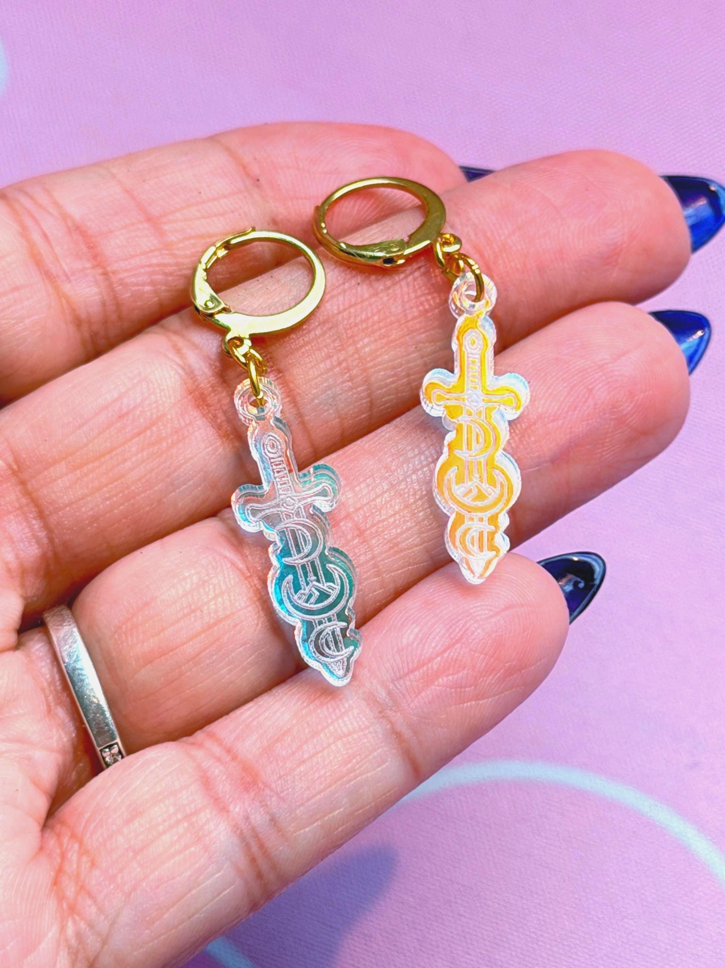 Celestial Dagger Earrings for Book Lovers: Acrylic Iridescent Dangle Hoop or Hook Style