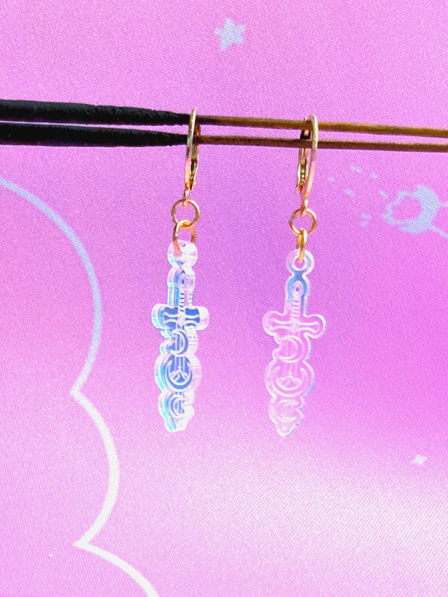 Celestial Dagger Earrings for Book Lovers: Acrylic Iridescent Dangle Hoop or Hook Style