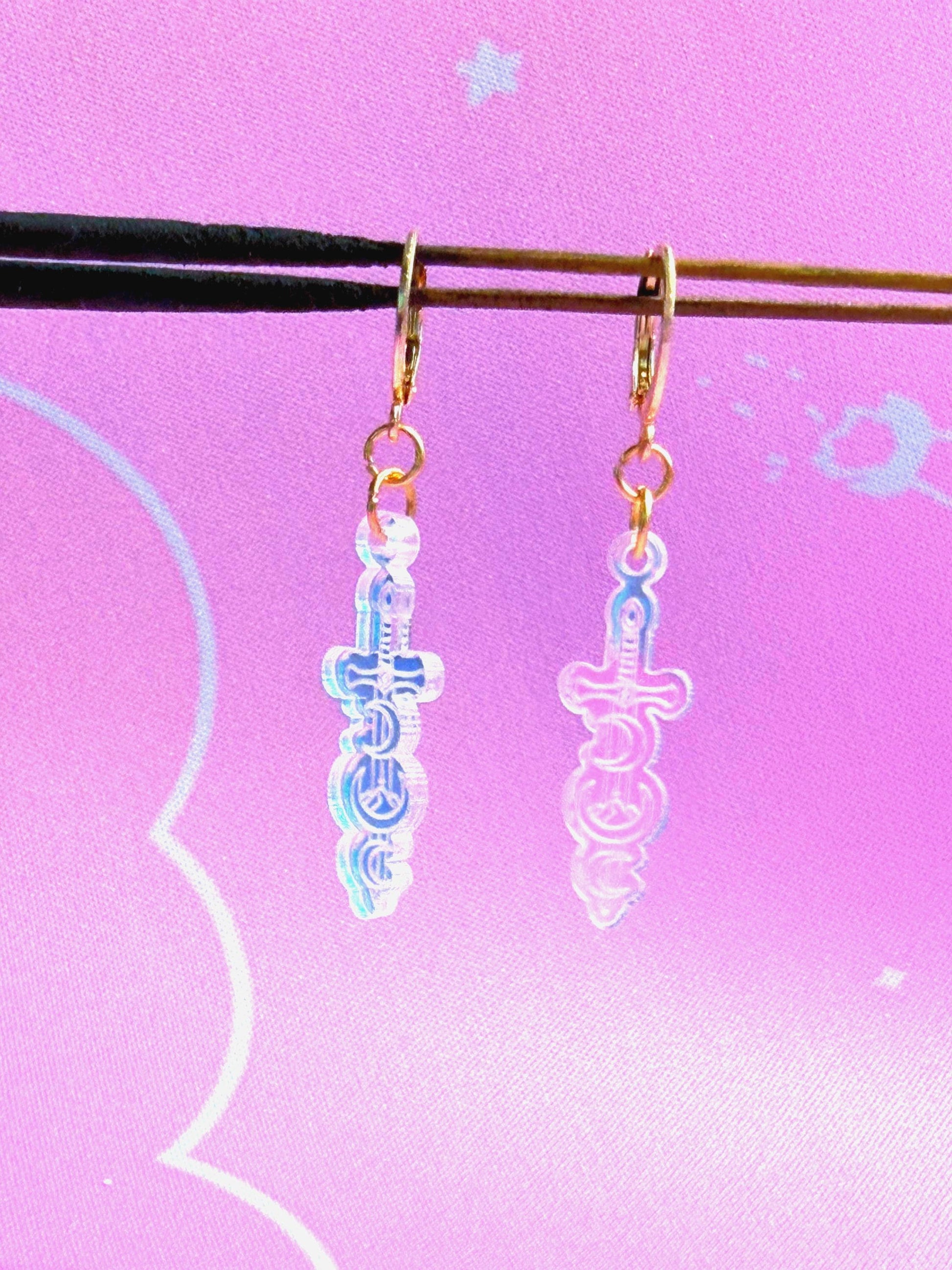 Celestial Dagger Earrings for Book Lovers: Acrylic Iridescent Dangle Hoop or Hook Style