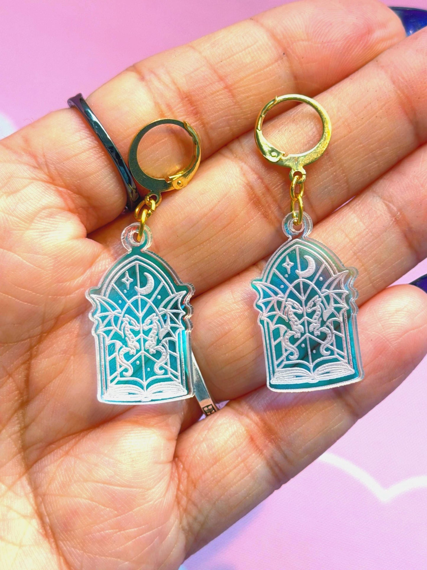 Celestial Dagger Earrings for Book Lovers: Acrylic Iridescent Dangle Hoop or Hook Style