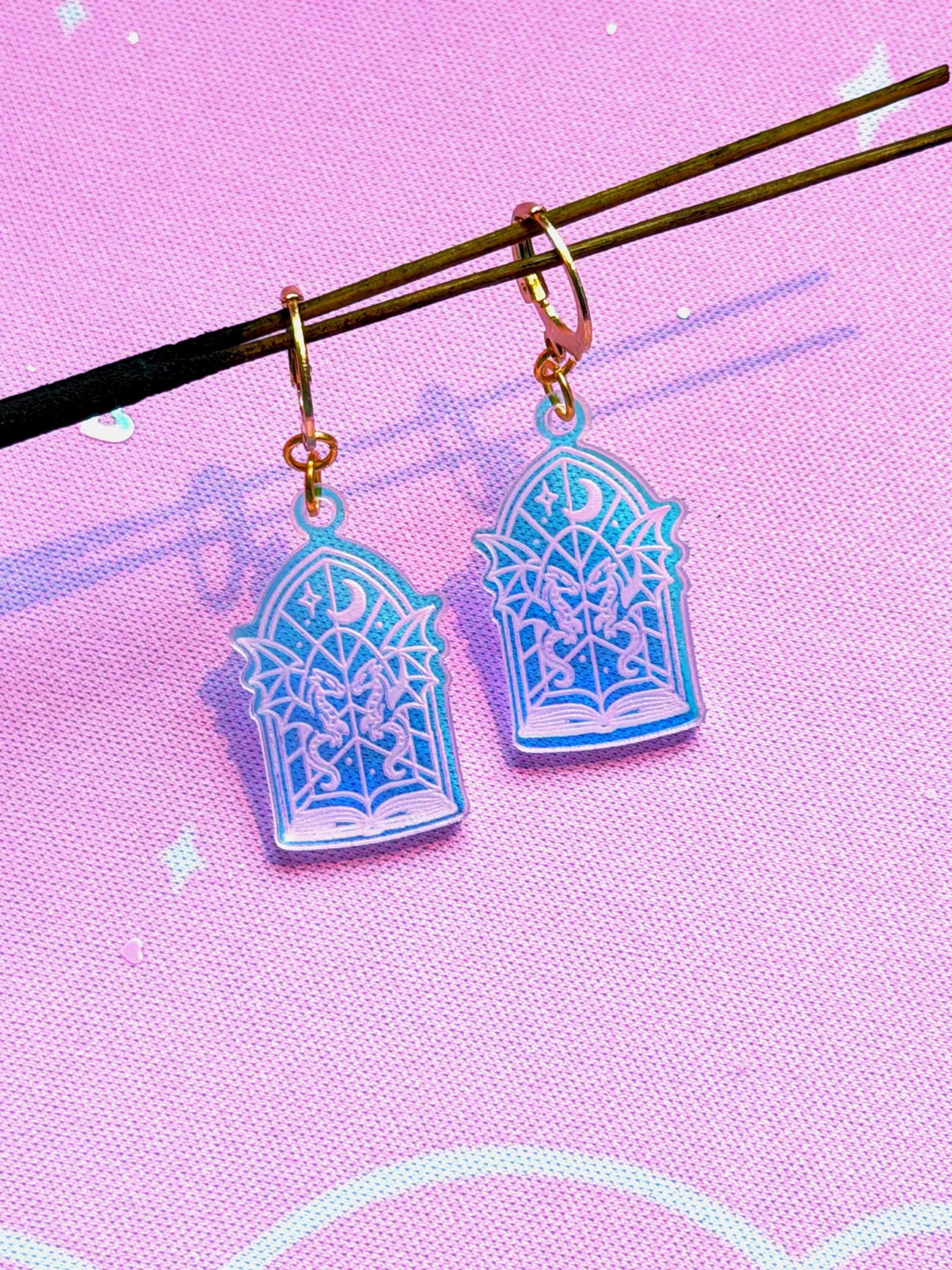 Celestial Dagger Earrings for Book Lovers: Acrylic Iridescent Dangle Hoop or Hook Style