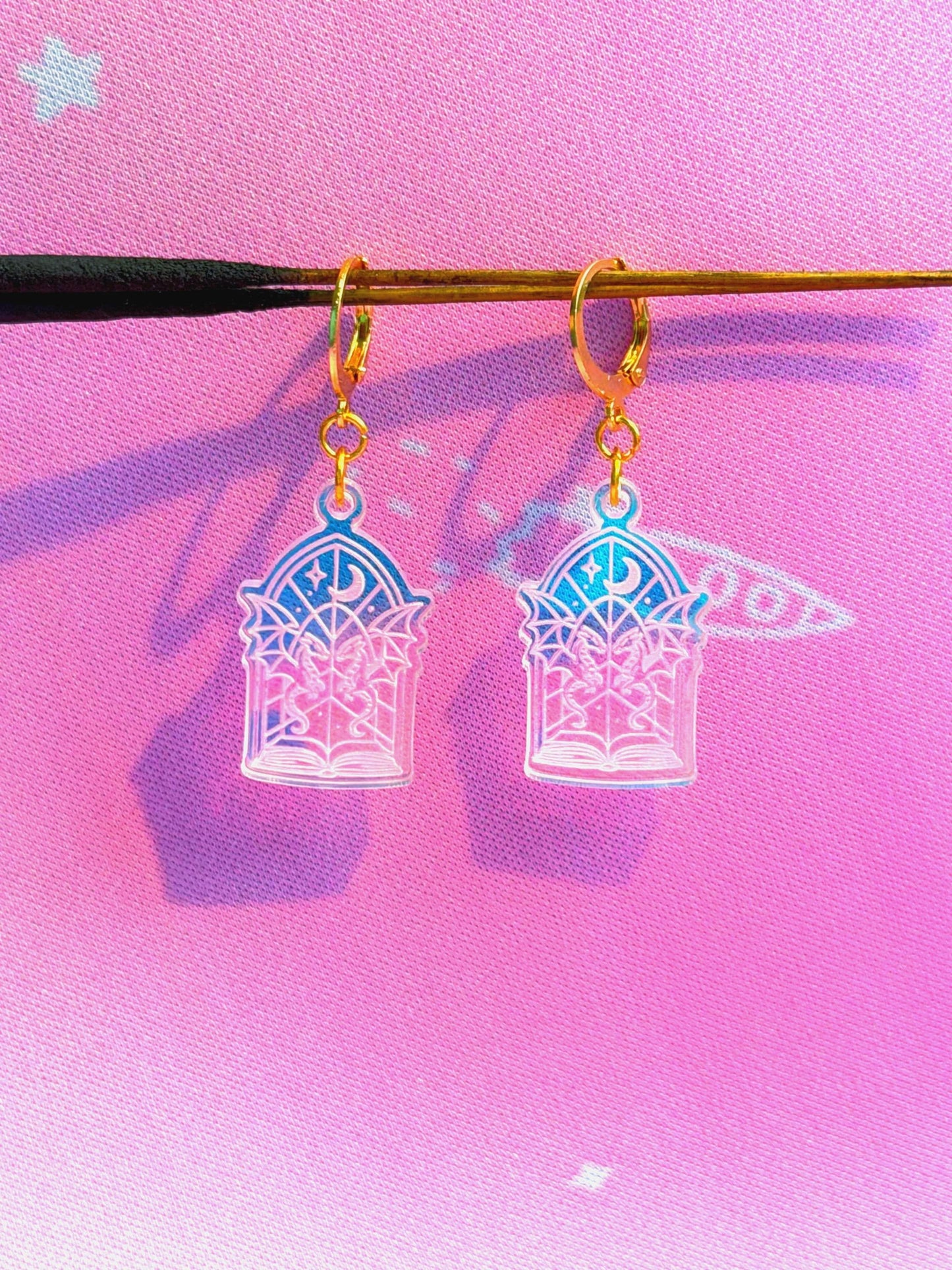 Celestial Dagger Earrings for Book Lovers: Acrylic Iridescent Dangle Hoop or Hook Style