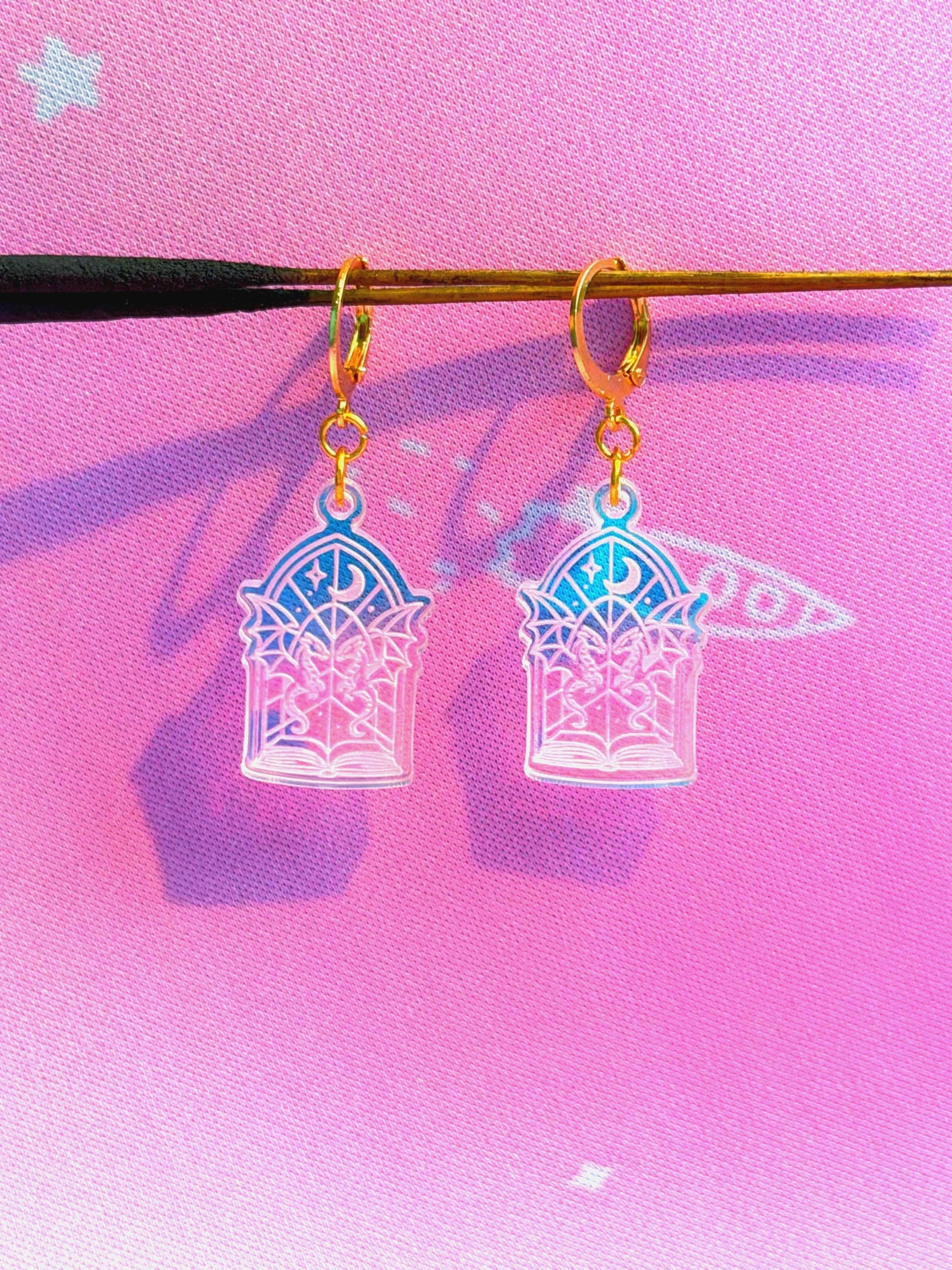 Celestial Dagger Earrings for Book Lovers: Acrylic Iridescent Dangle Hoop or Hook Style