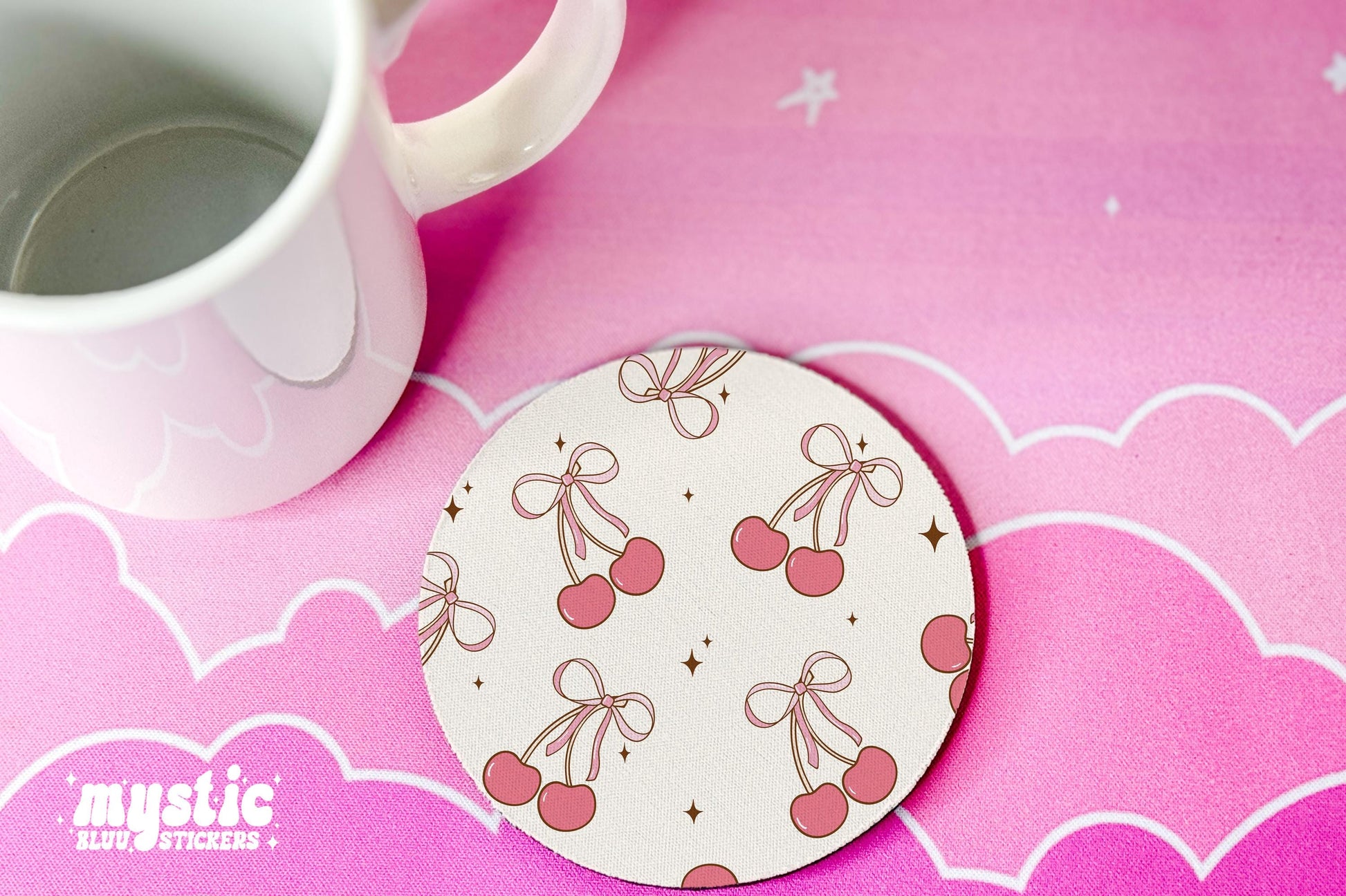 Cherry Bows Coffee Mug with Matching Coaster, Pink Sparkles Design