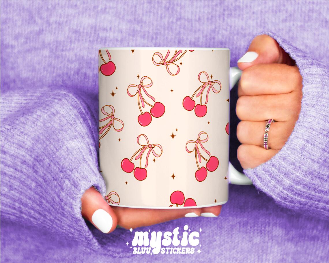 Cherry Bows Coffee Mug with Matching Coaster, Pink Sparkles Design