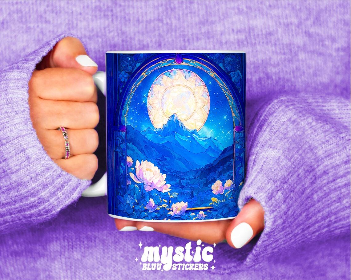Book Lover Fantasy Coffee Mug 11oz, Celestial Moon Mountain Mug, Cozy Reader Gift