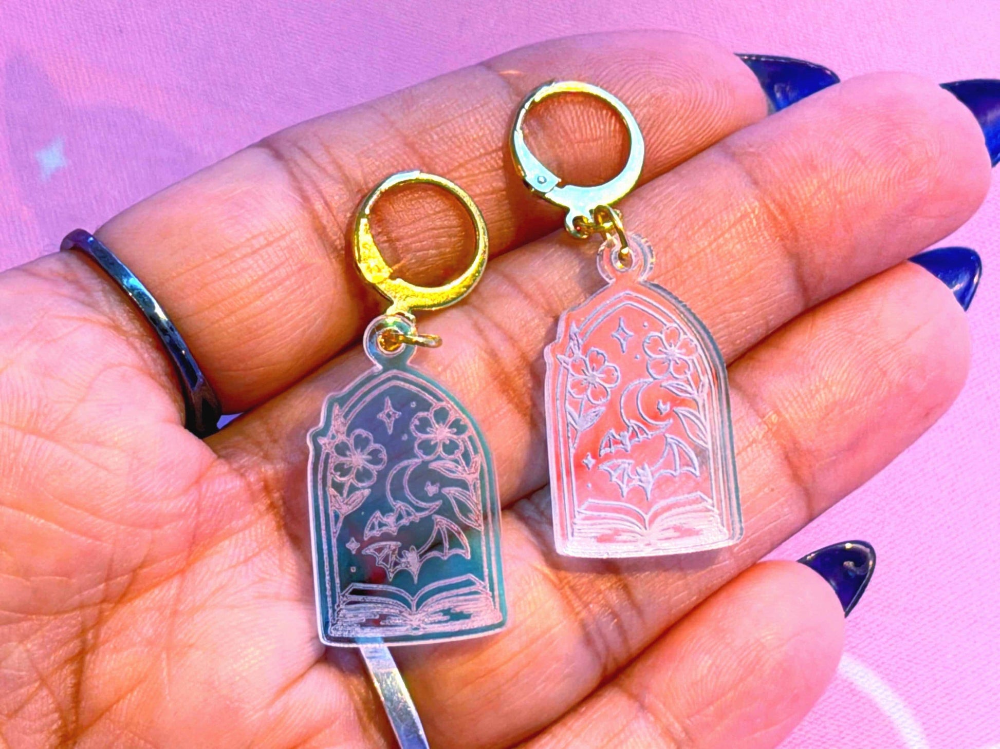 Fantasy Book Earrings: Acrylic Iridescent Bats Dangle Hoop or Hook Style