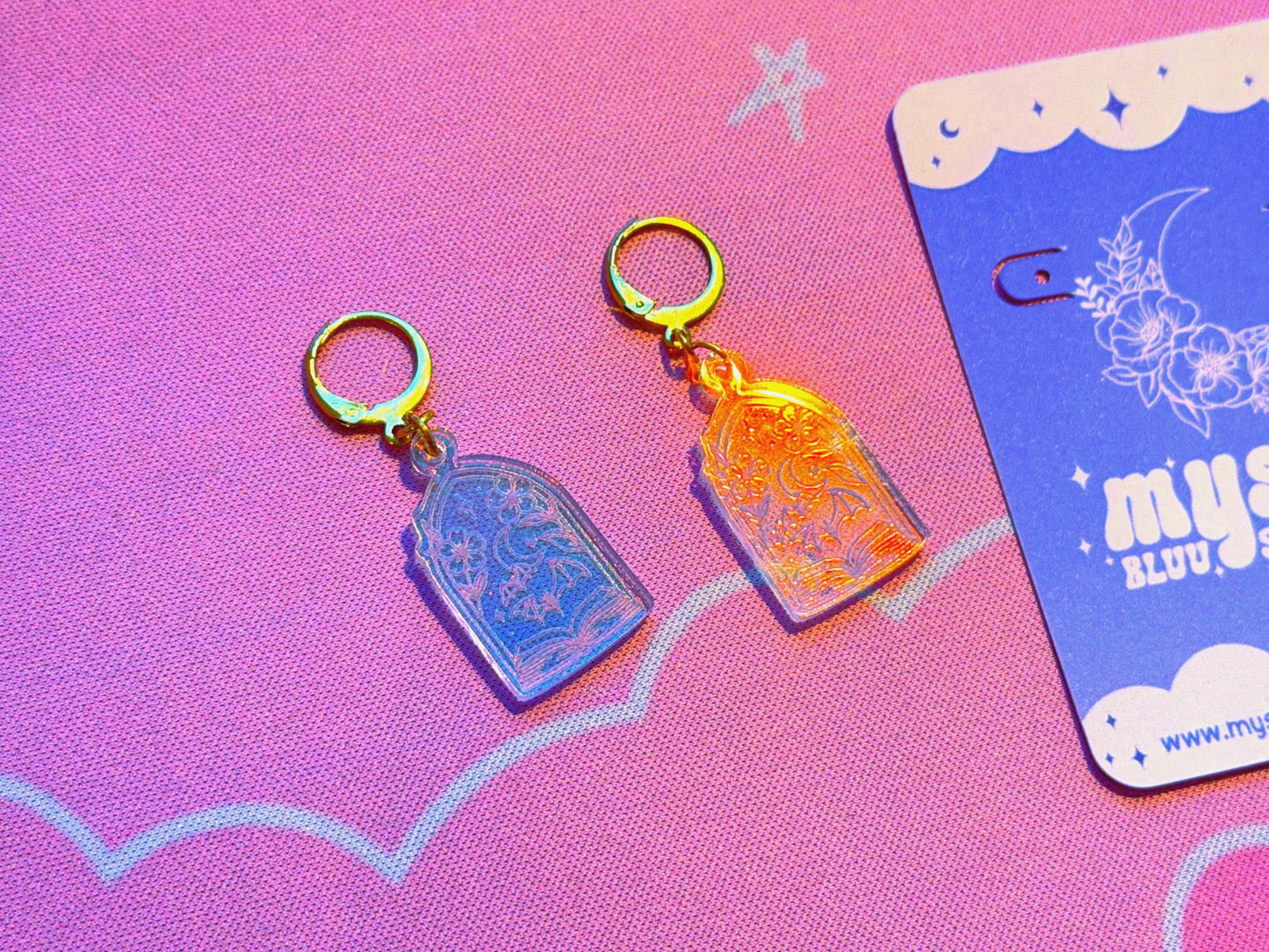 Fantasy Book Earrings: Acrylic Iridescent Bats Dangle Hoop or Hook Style