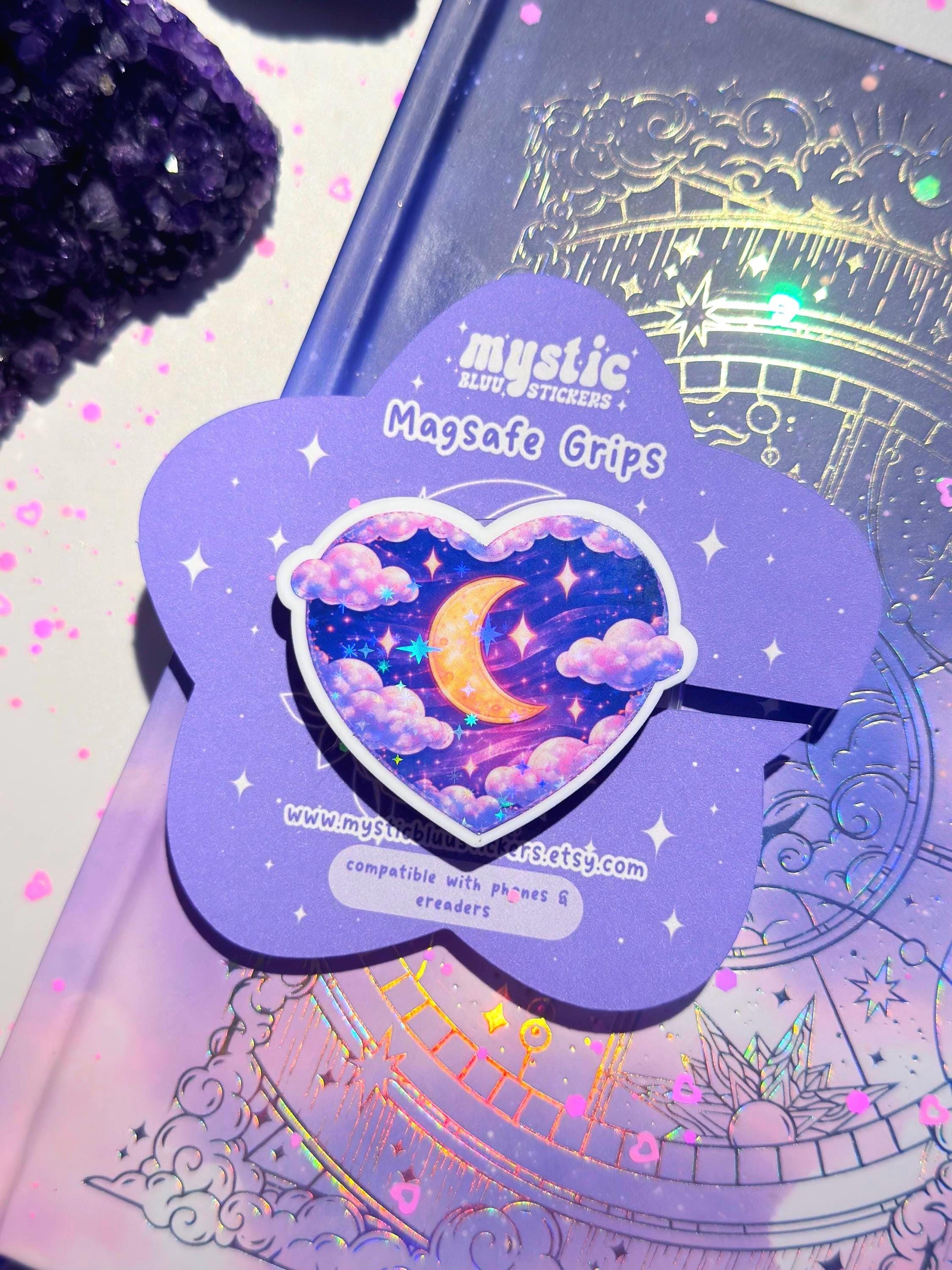 Rainbow Moon Kindle Grip: Holographic Magsafe Phone Witchy Accessory