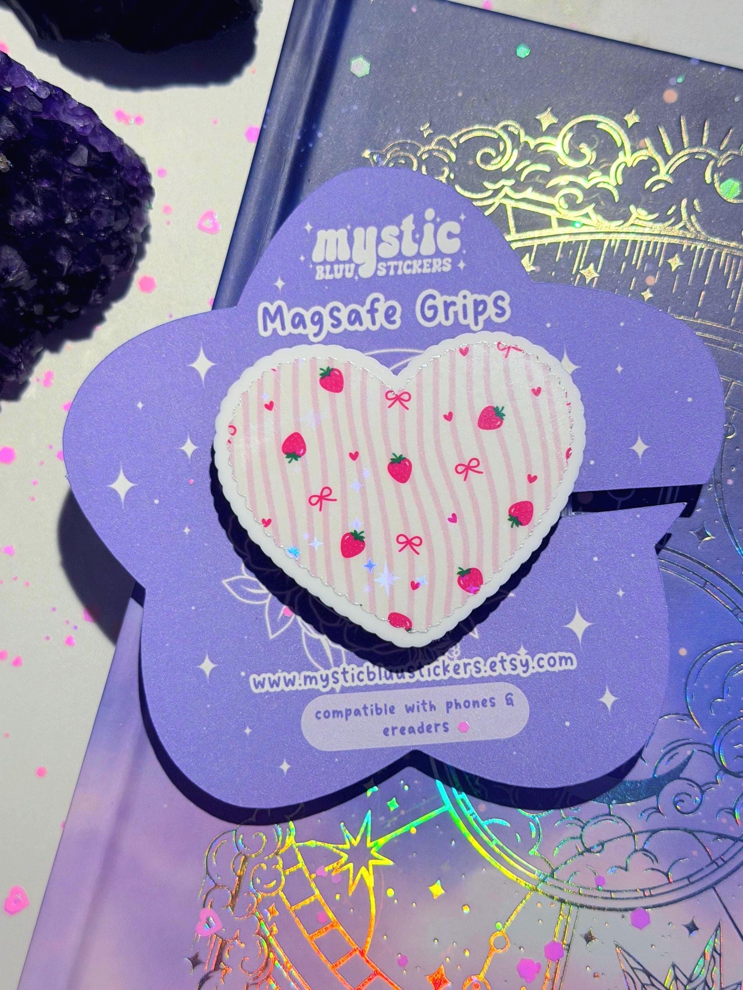 Strawberry Heart Phone Grip: Holographic Kawaii MagSafe Phone Stand