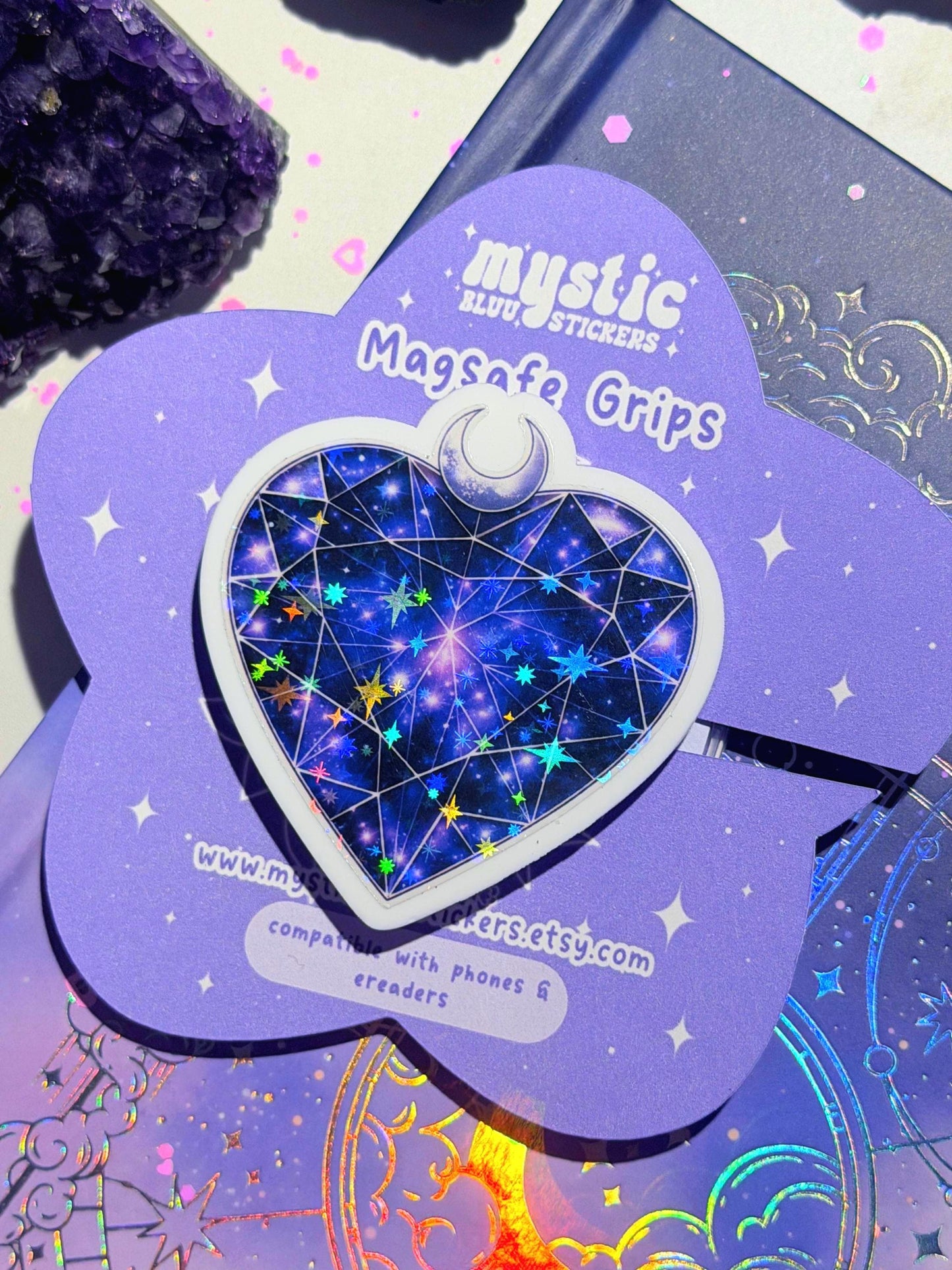 Celestial Heart MagSafe Phone Grip: Holographic 2D Night Sky Kindle Grip