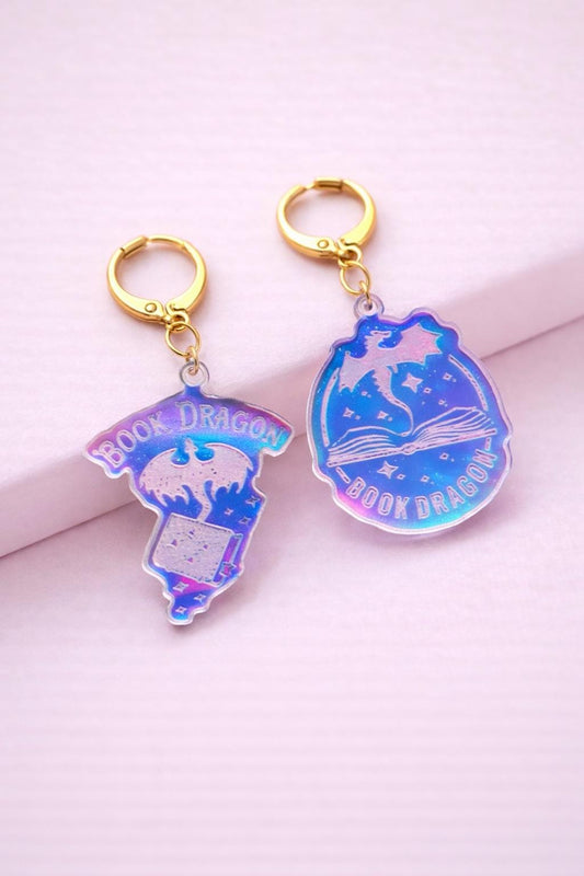 Book Dragon Acrylic Earrings: Iridescent Fantasy Mismatched Dangle Hoop or Hook Style