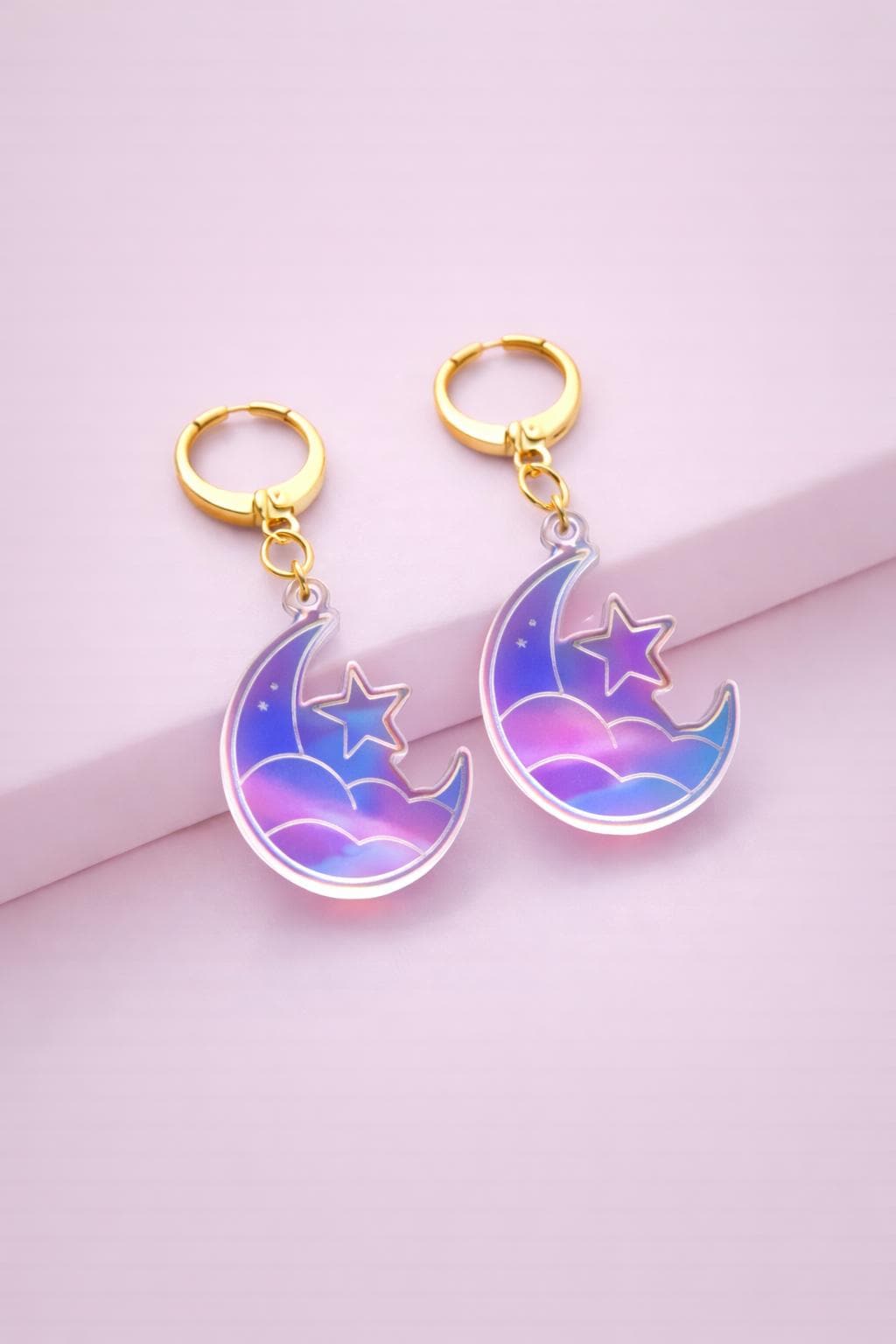 Crescent Moon Clouds Acrylic Earrings: Iridescent Dangle Hoop or Hook Style