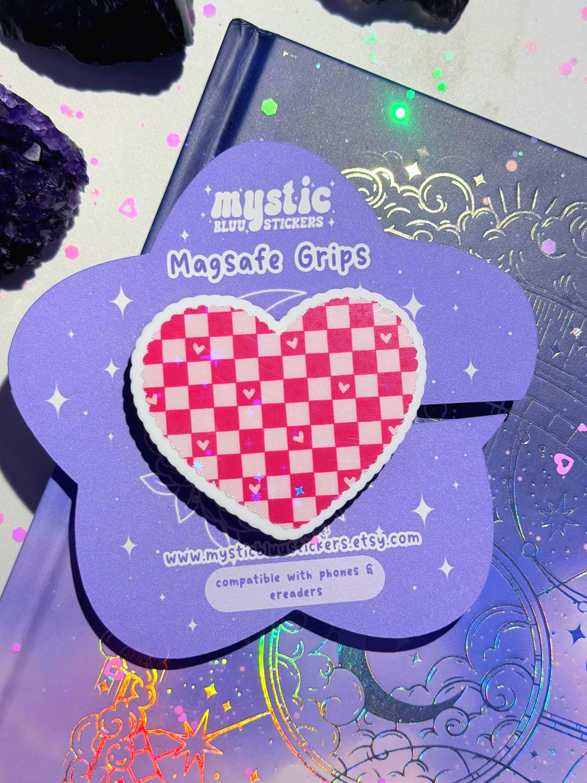 Checkered Heart MagSafe Phone Grip: Holographic 2D Valentines Kindle Grip