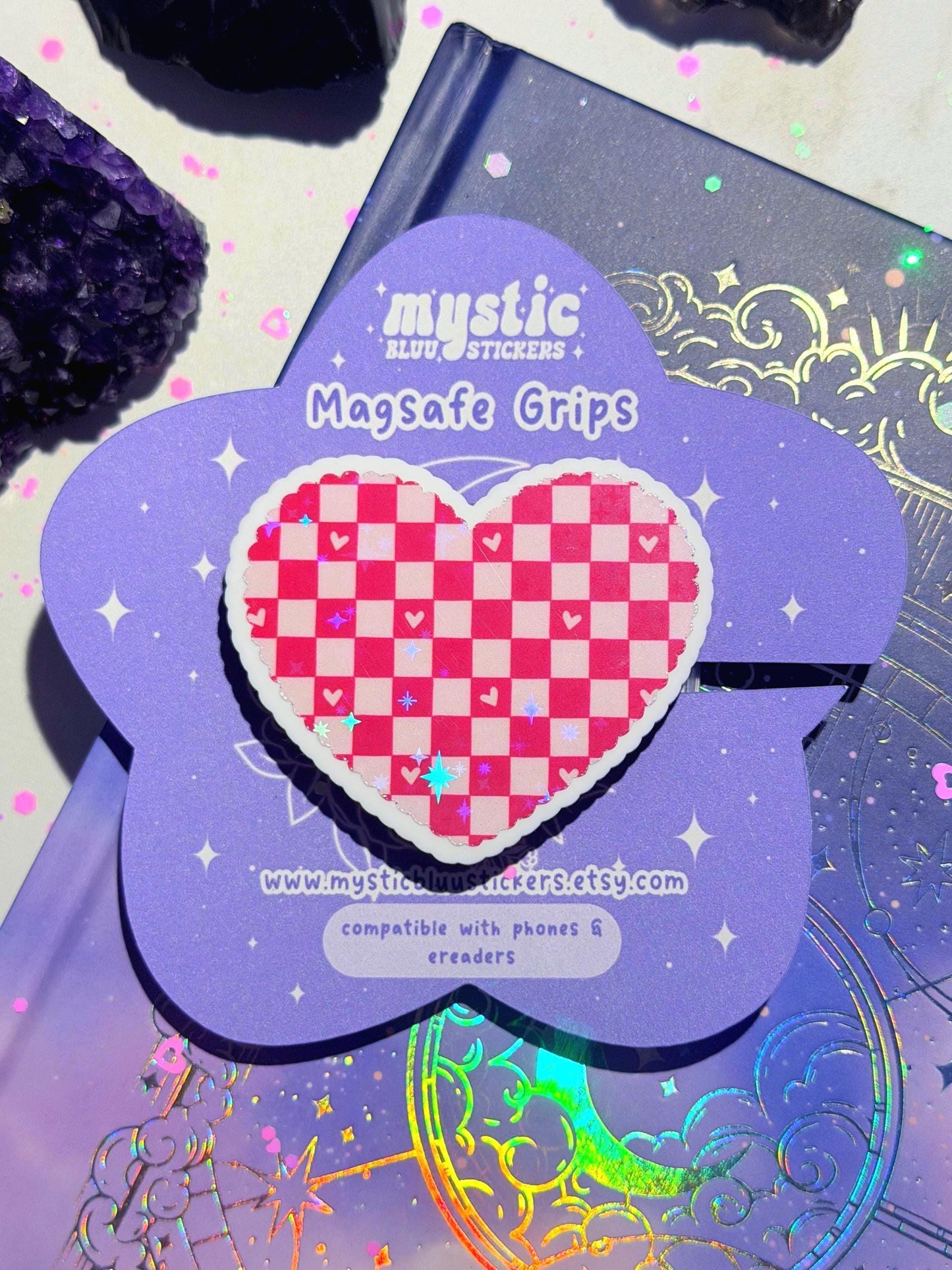 Checkered Heart MagSafe Phone Grip: Holographic 2D Valentines Kindle Grip