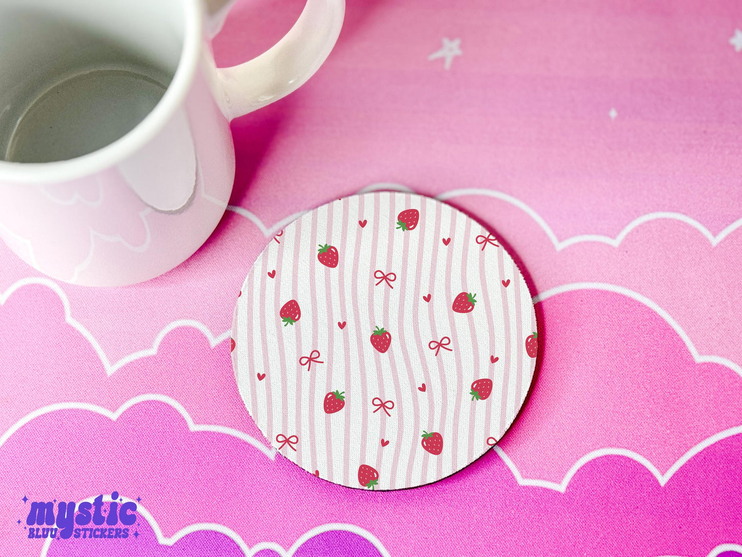 Strawberry Coquette Bow Fabric Coasters: Kawaii Desk Decor, Set of 4