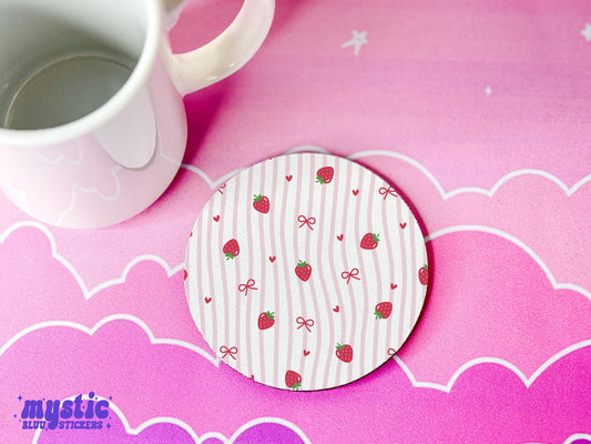 Strawberry Coquette Bow Fabric Coasters: Kawaii Desk Decor, Set of 4