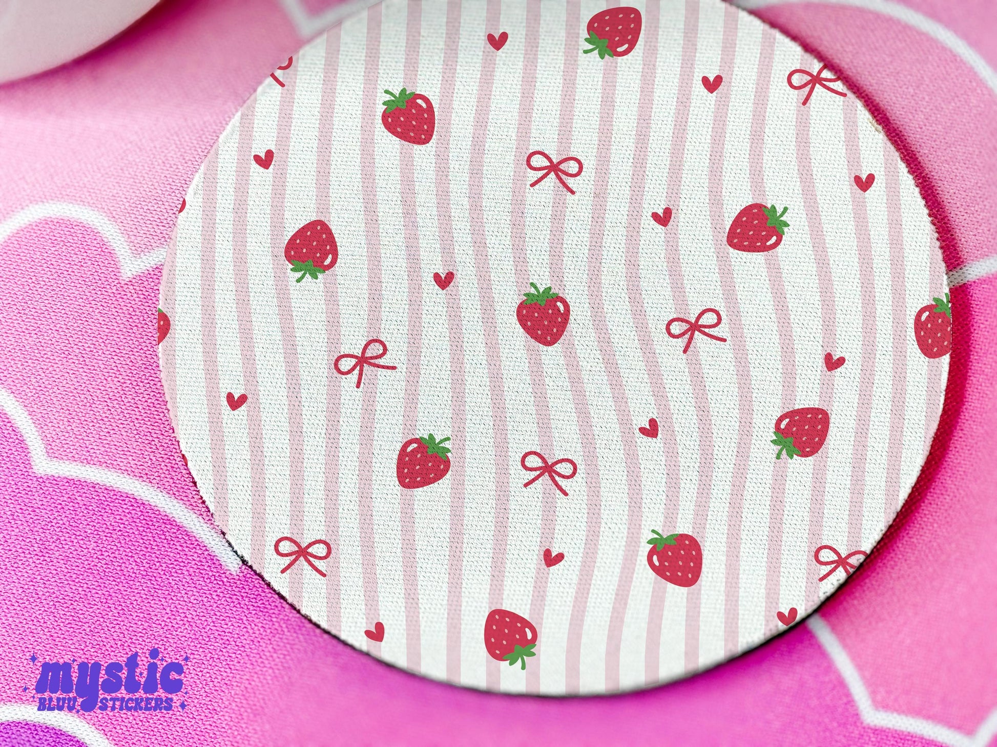Strawberry Coquette Bow Fabric Coasters: Kawaii Desk Decor, Set of 4