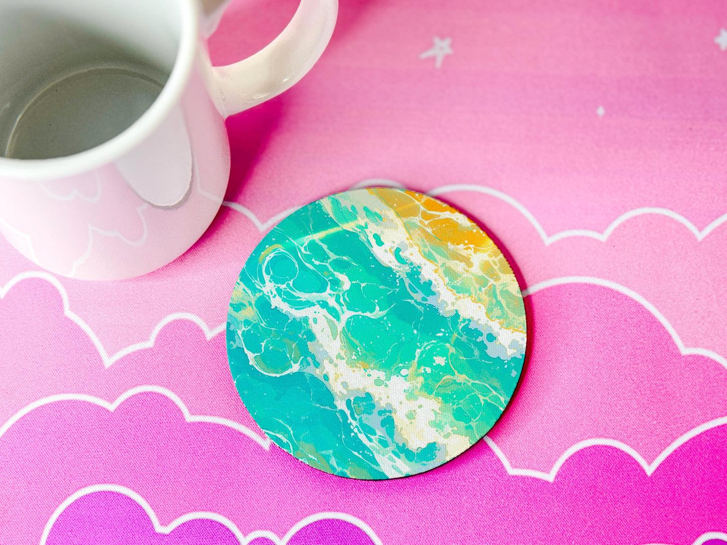 Beach Fabric Coaster Set of 4 Round Drink Coasters Non Slip Home Bar Desk