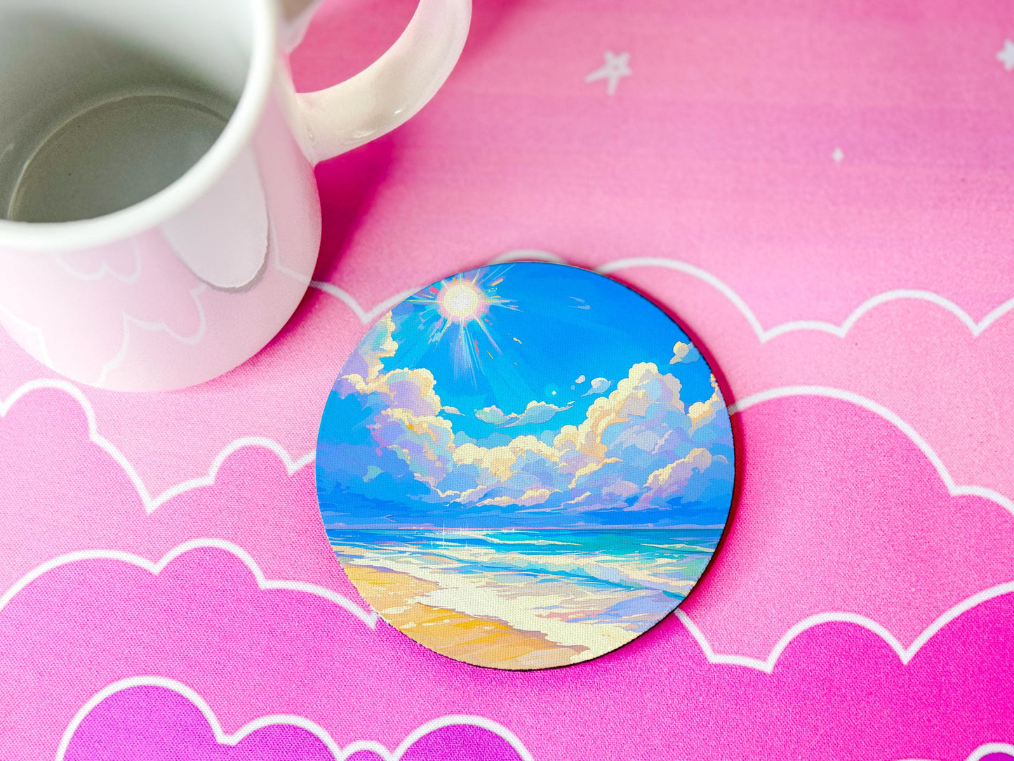 Beach Fabric Coaster Set of 4 Round Drink Coasters Non Slip Home Bar Desk