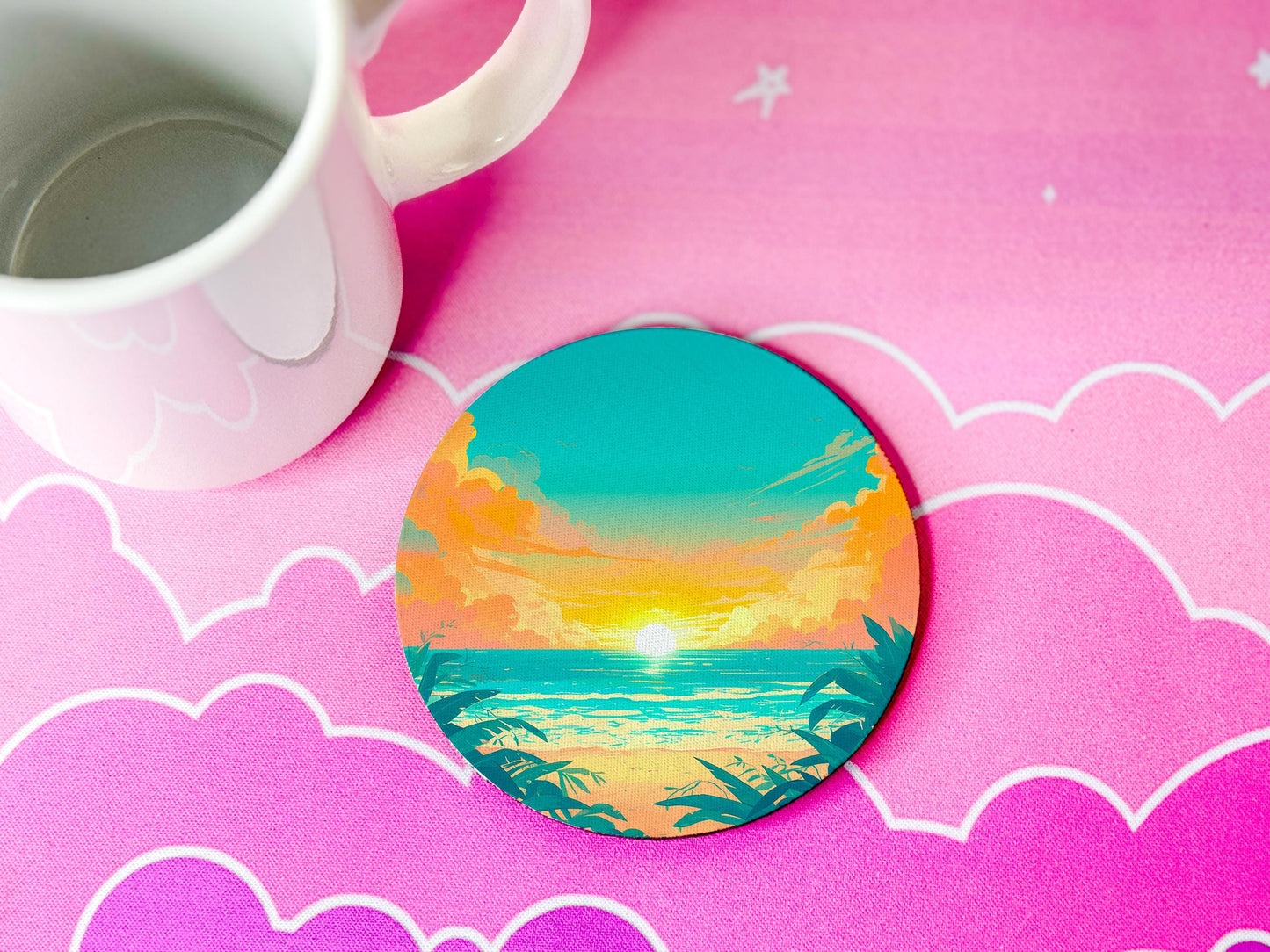 Beach Fabric Coaster Set of 4 Round Drink Coasters Non Slip Home Bar Desk