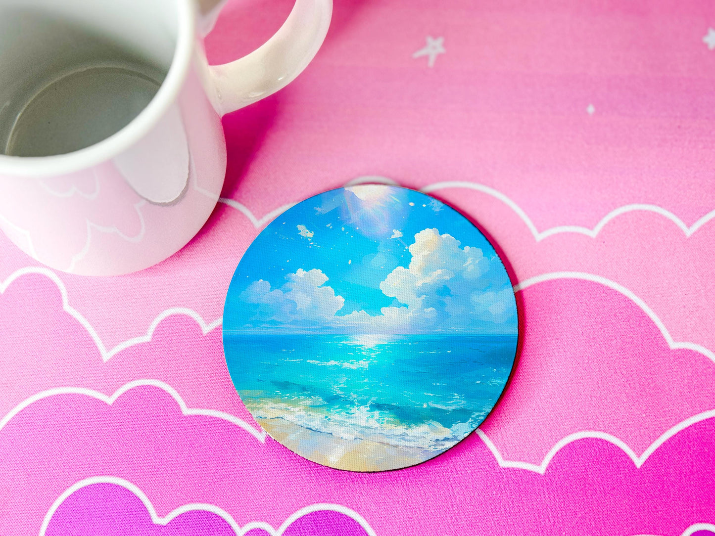 Beach Fabric Coaster Set of 4 Round Drink Coasters Non Slip Home Bar Desk