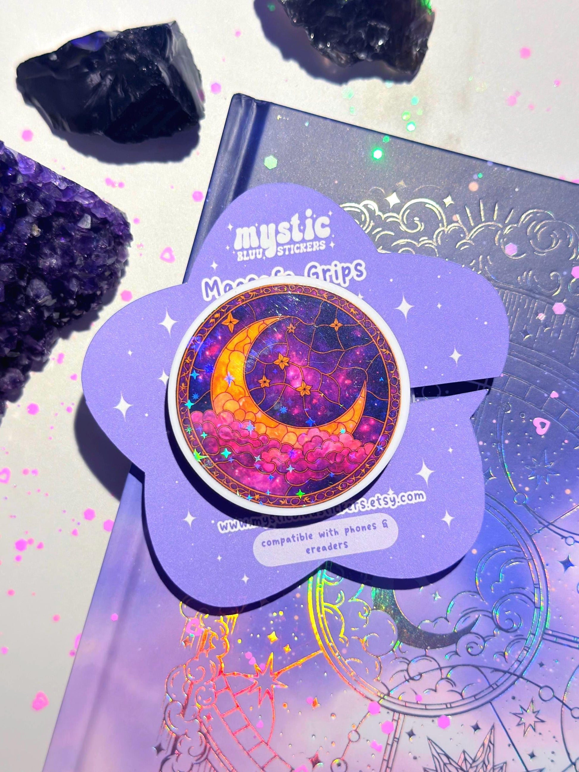 Celestial Moon MagSafe Phone Grip: Holographic 2D Night Sky Kindle Grip