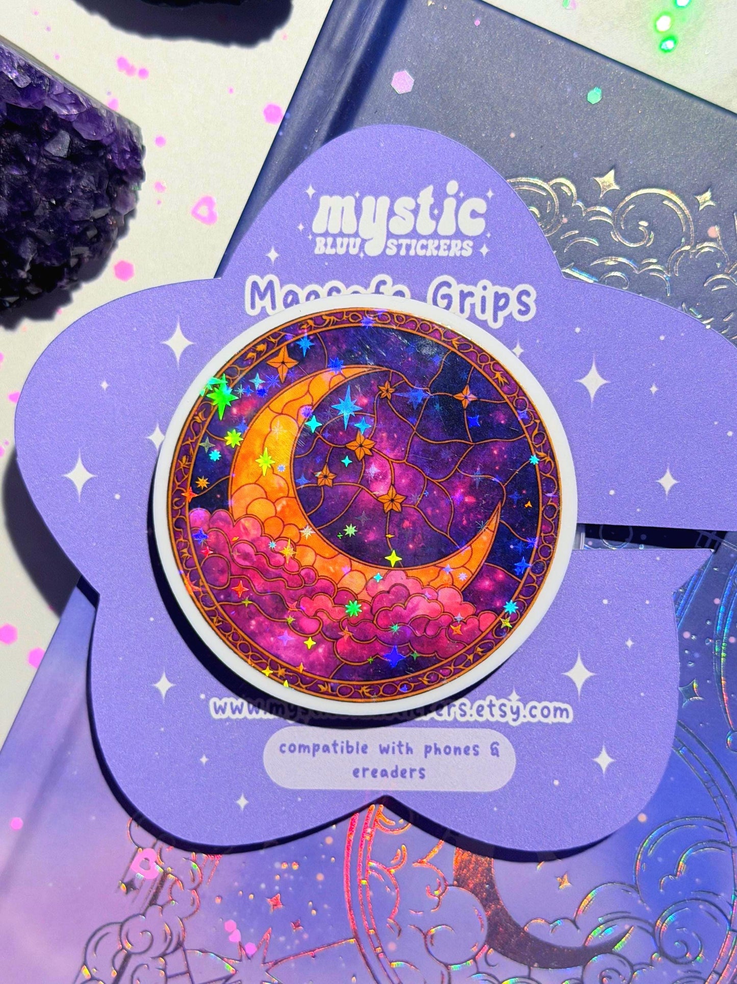 Celestial Moon MagSafe Phone Grip: Holographic 2D Night Sky Kindle Grip