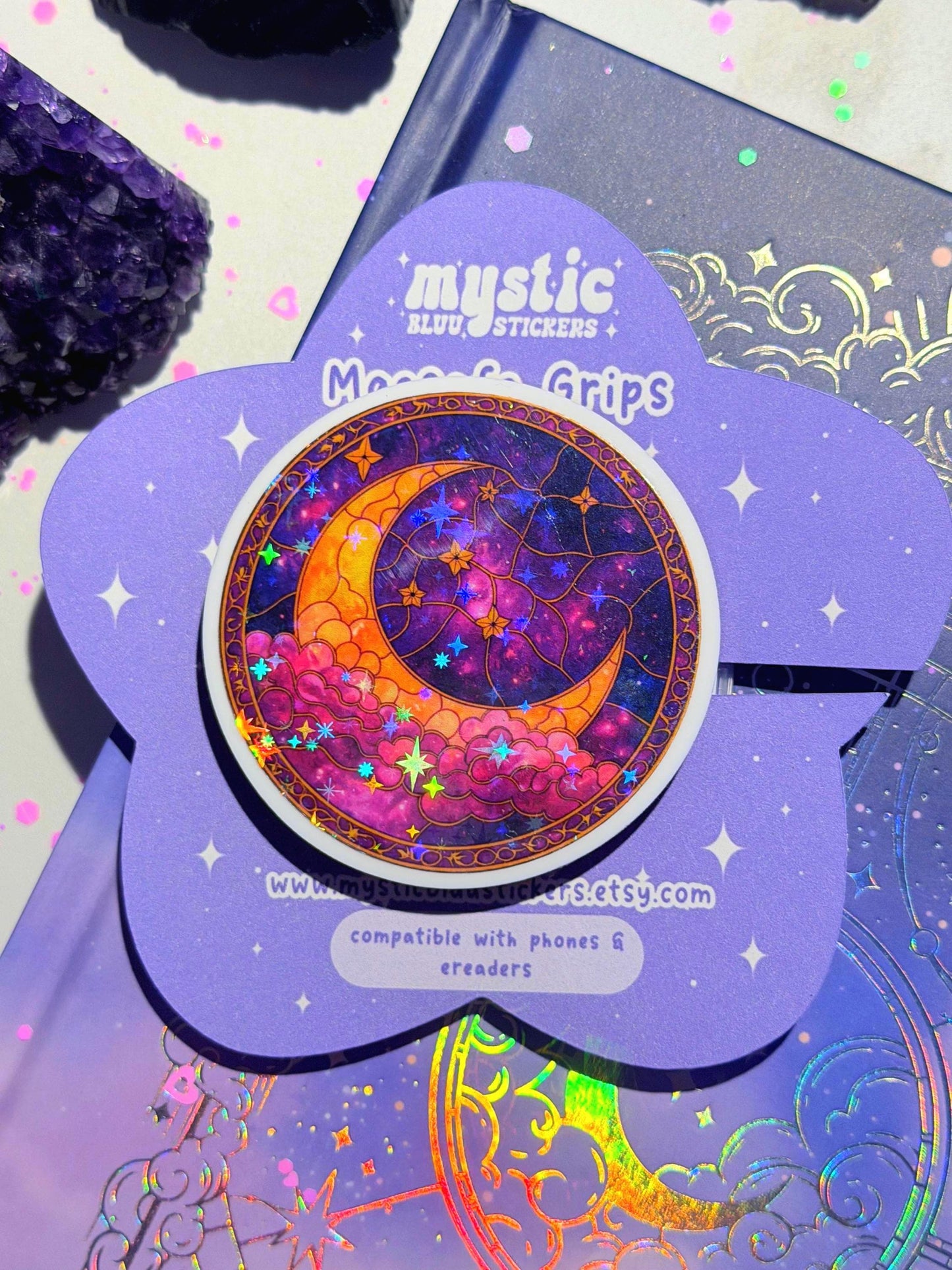 Celestial Moon MagSafe Phone Grip: Holographic 2D Night Sky Kindle Grip