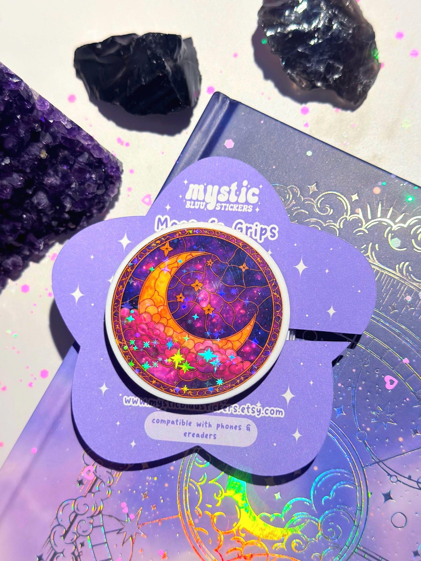 Celestial Moon MagSafe Phone Grip: Holographic 2D Night Sky Kindle Grip