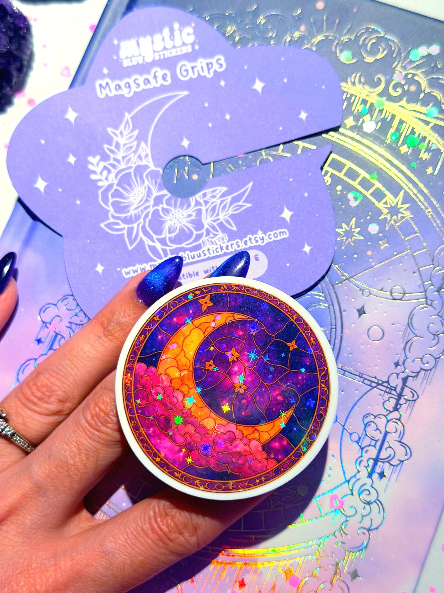 Celestial Moon MagSafe Phone Grip: Holographic 2D Night Sky Kindle Grip