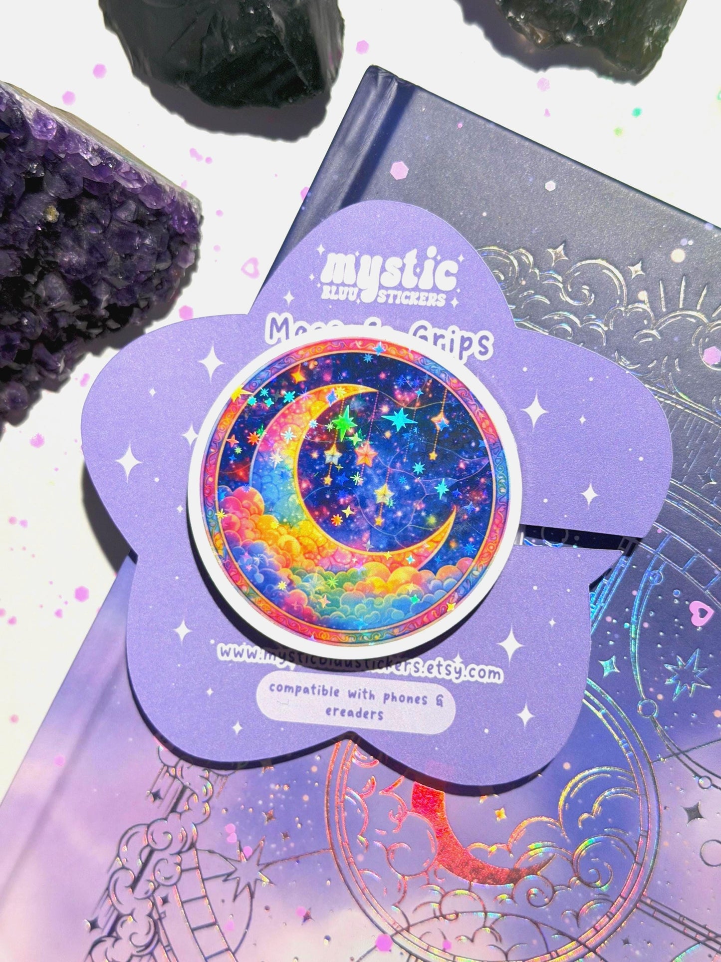 Celestial Moon MagSafe Phone Grip: Holographic 2D Night Sky Kindle Grip