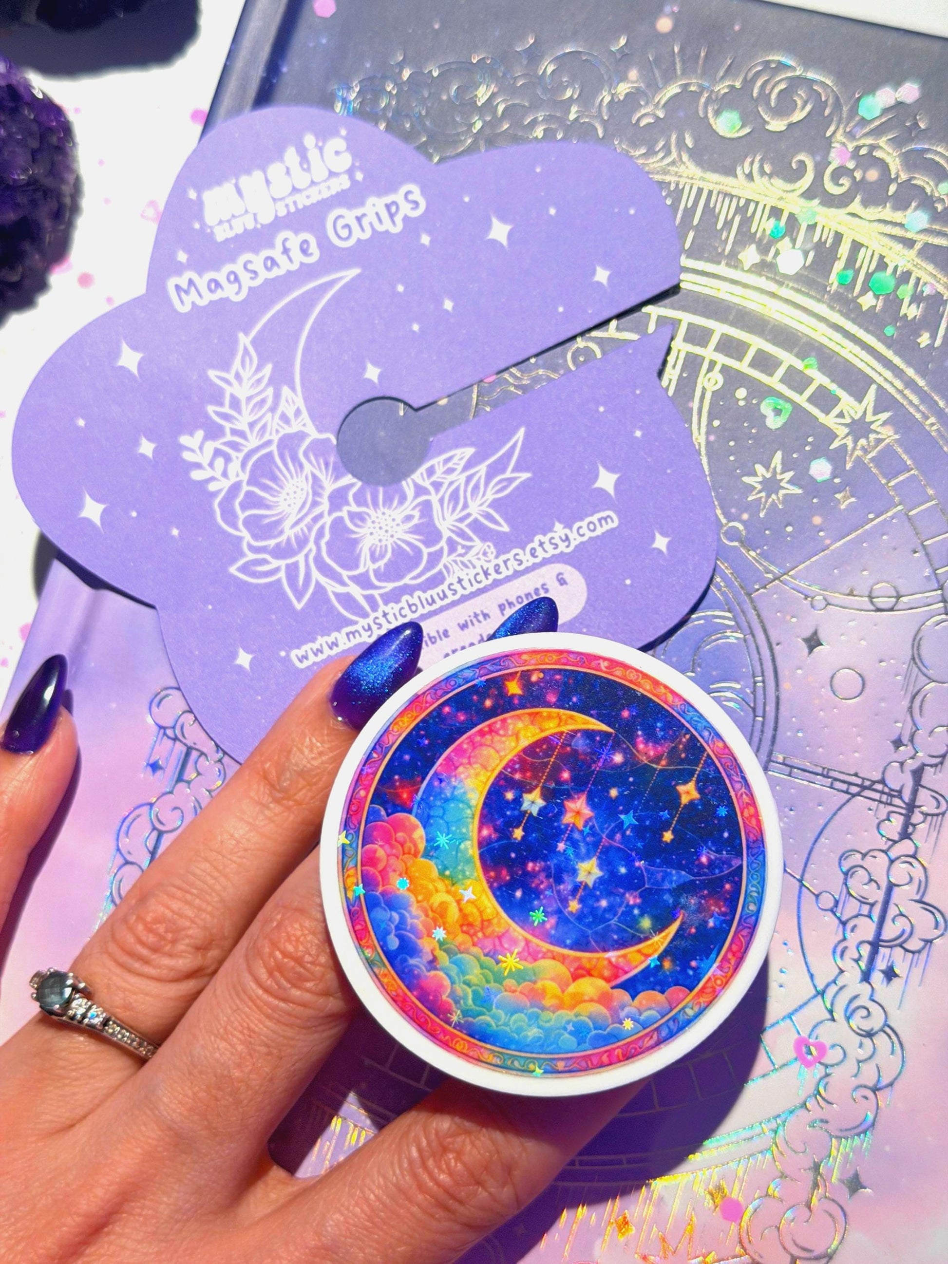 Celestial Moon MagSafe Phone Grip: Holographic 2D Night Sky Kindle Grip