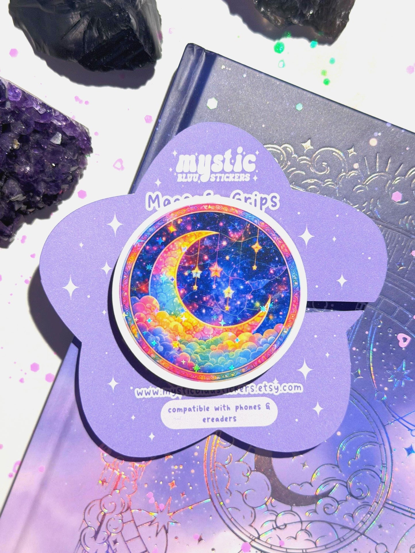 Celestial Moon MagSafe Phone Grip: Holographic 2D Night Sky Kindle Grip