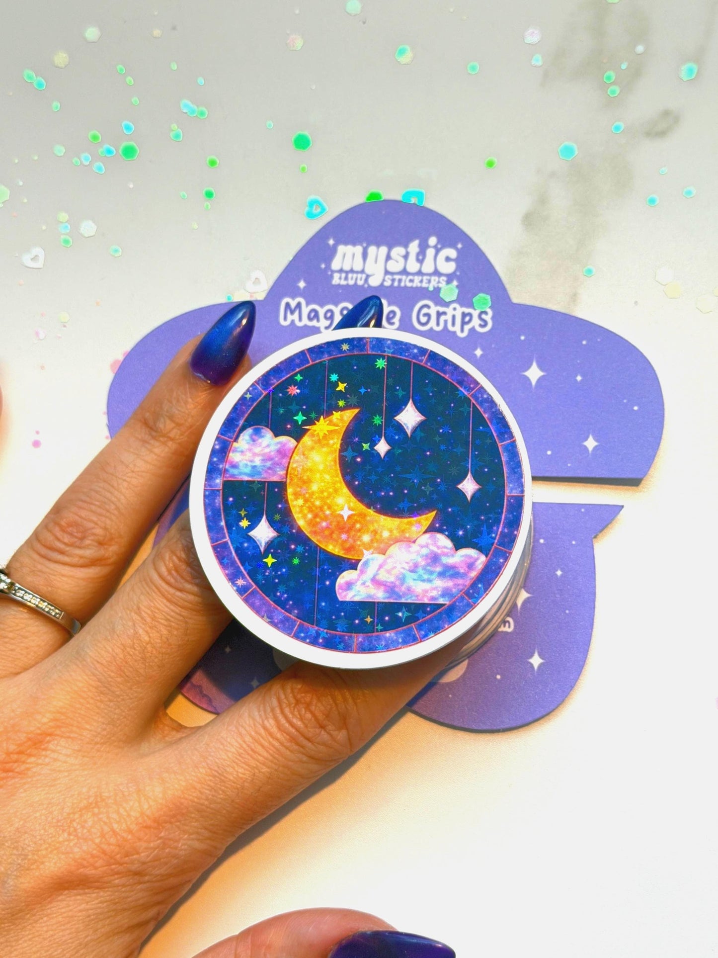Celestial Moon MagSafe Phone Grip: Holographic 2D Night Sky Kindle Grip