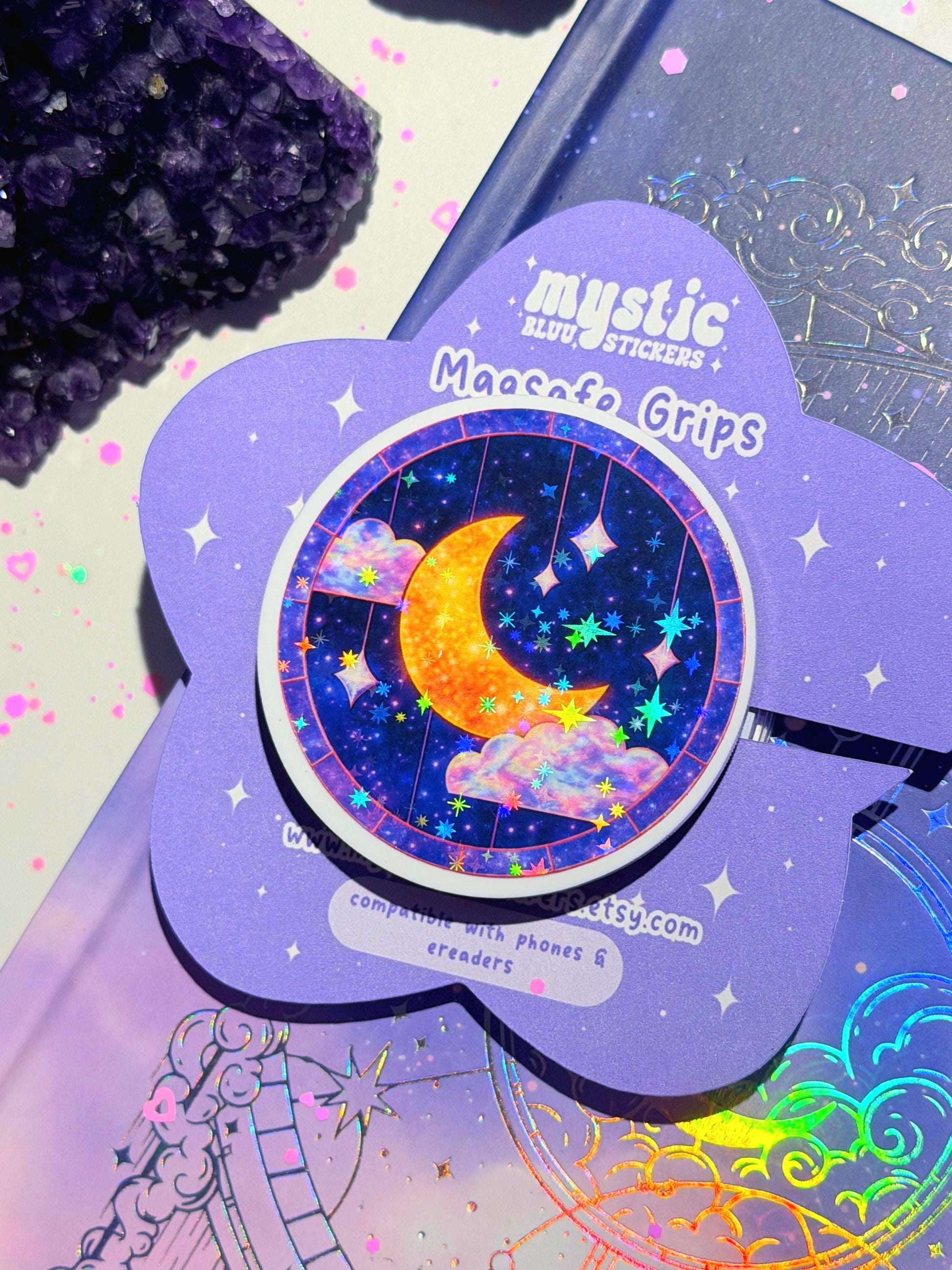 Celestial Moon MagSafe Phone Grip: Holographic 2D Night Sky Kindle Grip