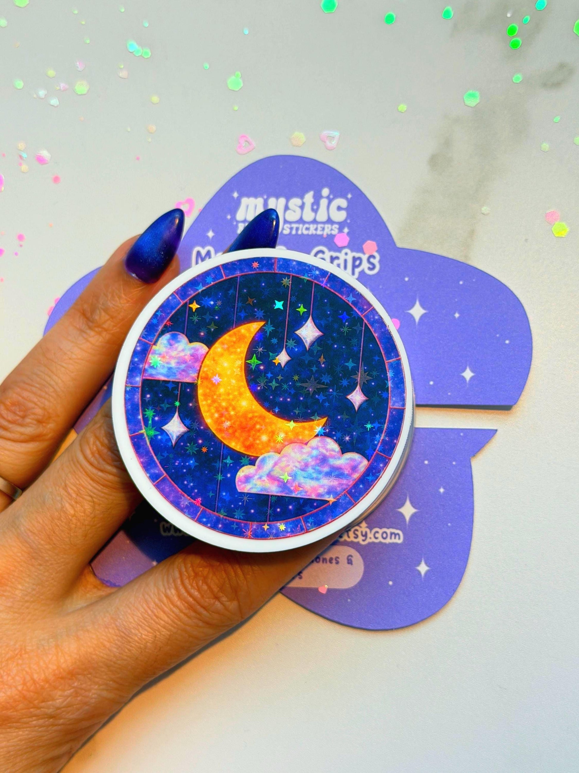 Celestial Moon MagSafe Phone Grip: Holographic 2D Night Sky Kindle Grip