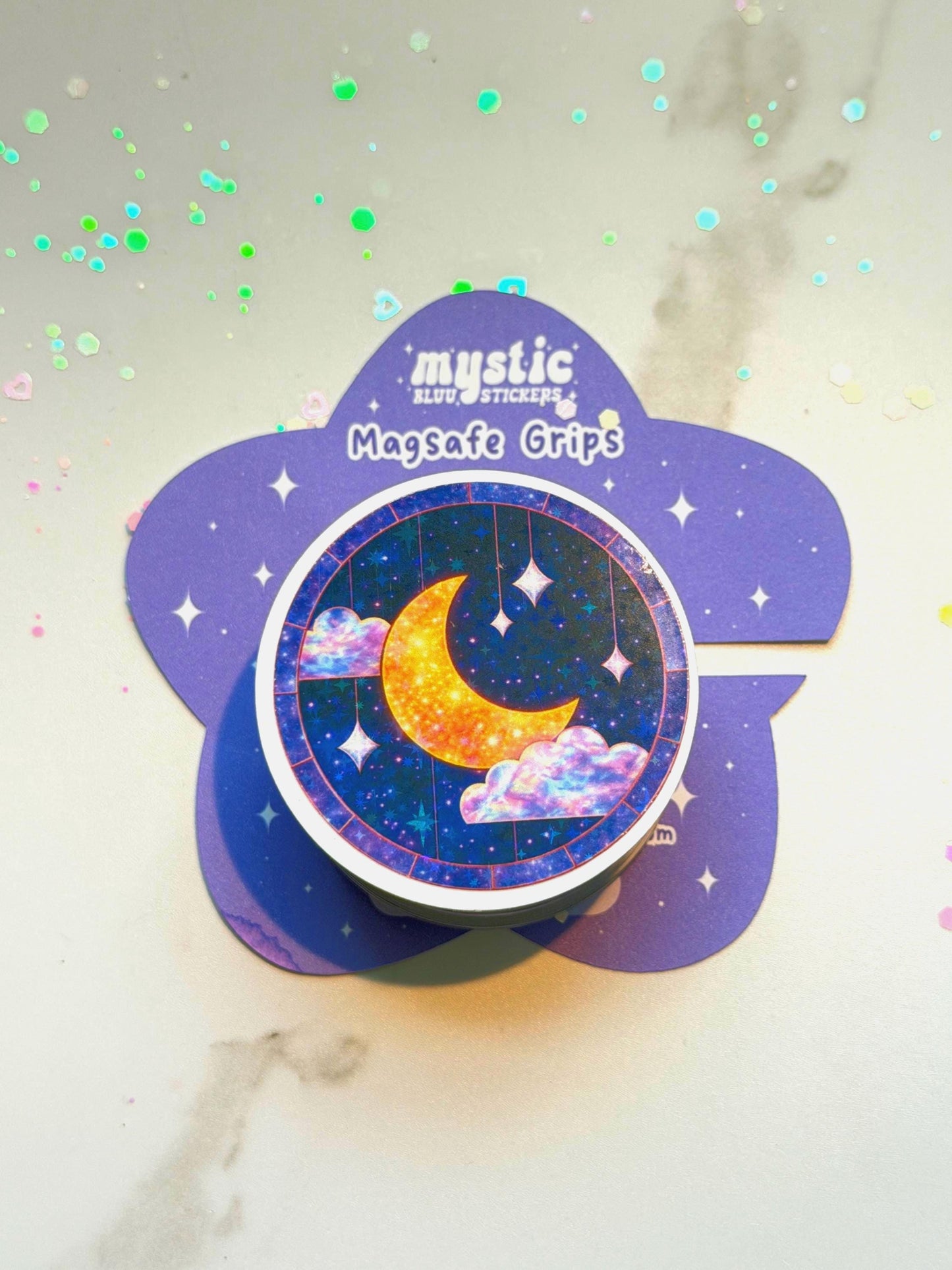 Celestial Moon MagSafe Phone Grip: Holographic 2D Night Sky Kindle Grip