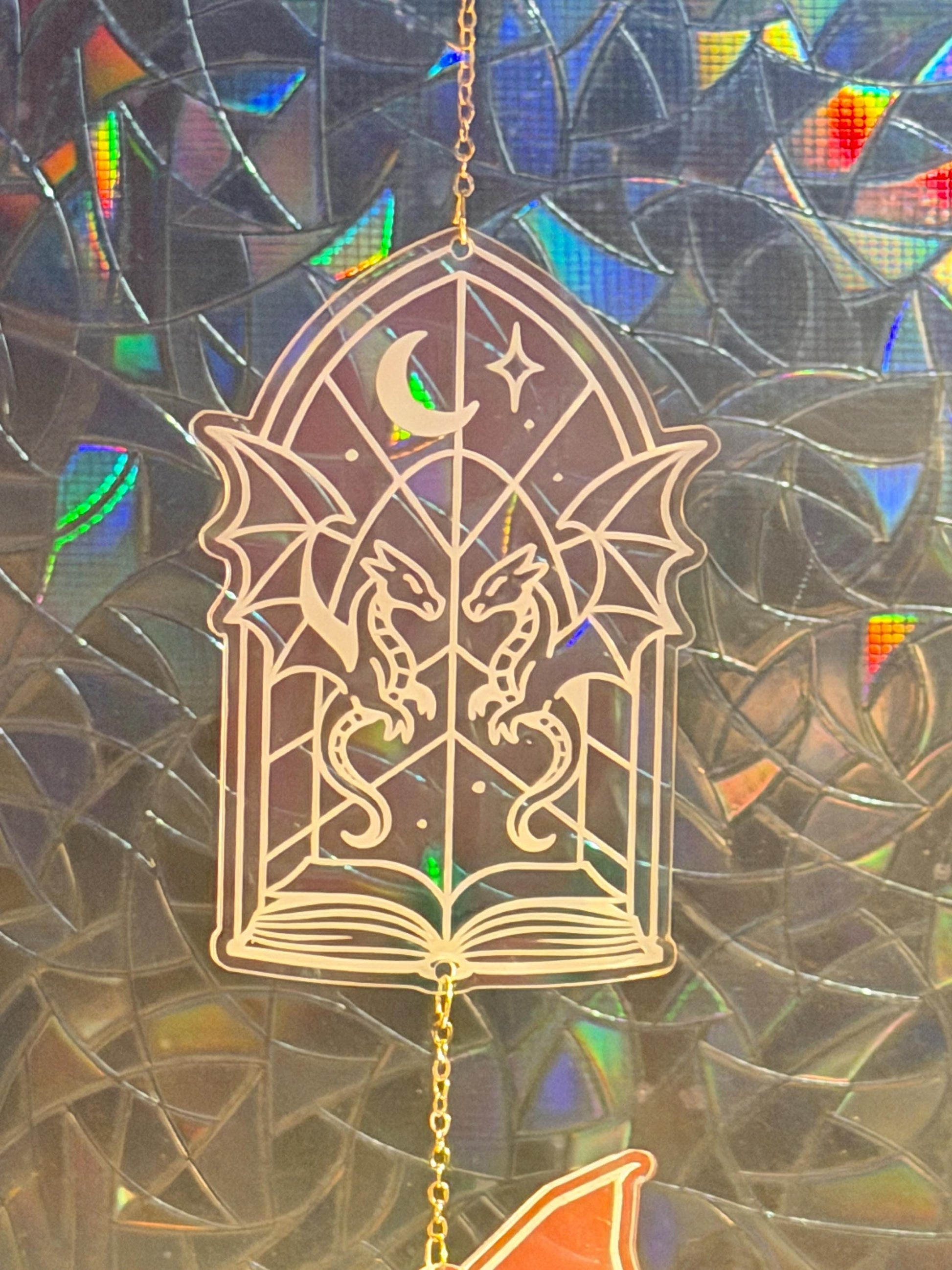 Book Dragon Iridescent Sun Catcher, Fantasy Window Prism Decor, Dark Academia Reading Nook Hanging