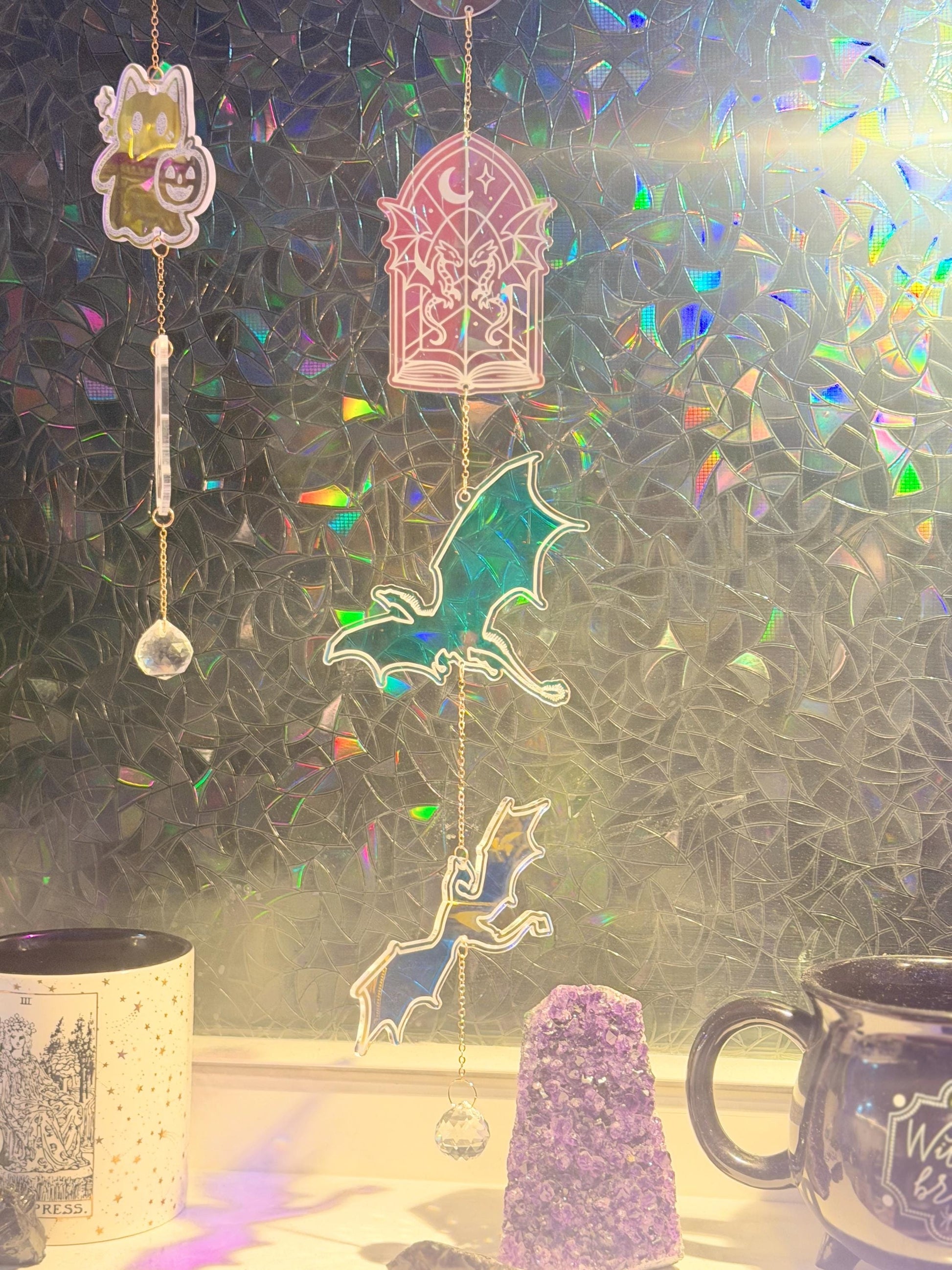 Book Dragon Iridescent Sun Catcher, Fantasy Window Prism Decor, Dark Academia Reading Nook Hanging