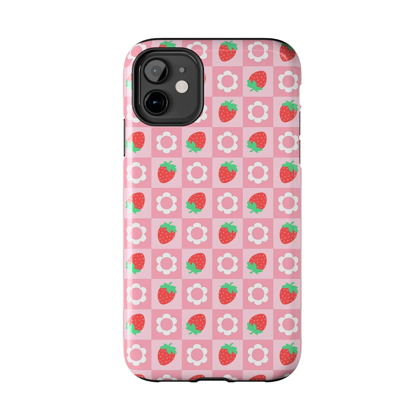 Strawberry Daisy Pink Checkered Phone Case, iPhone Cover