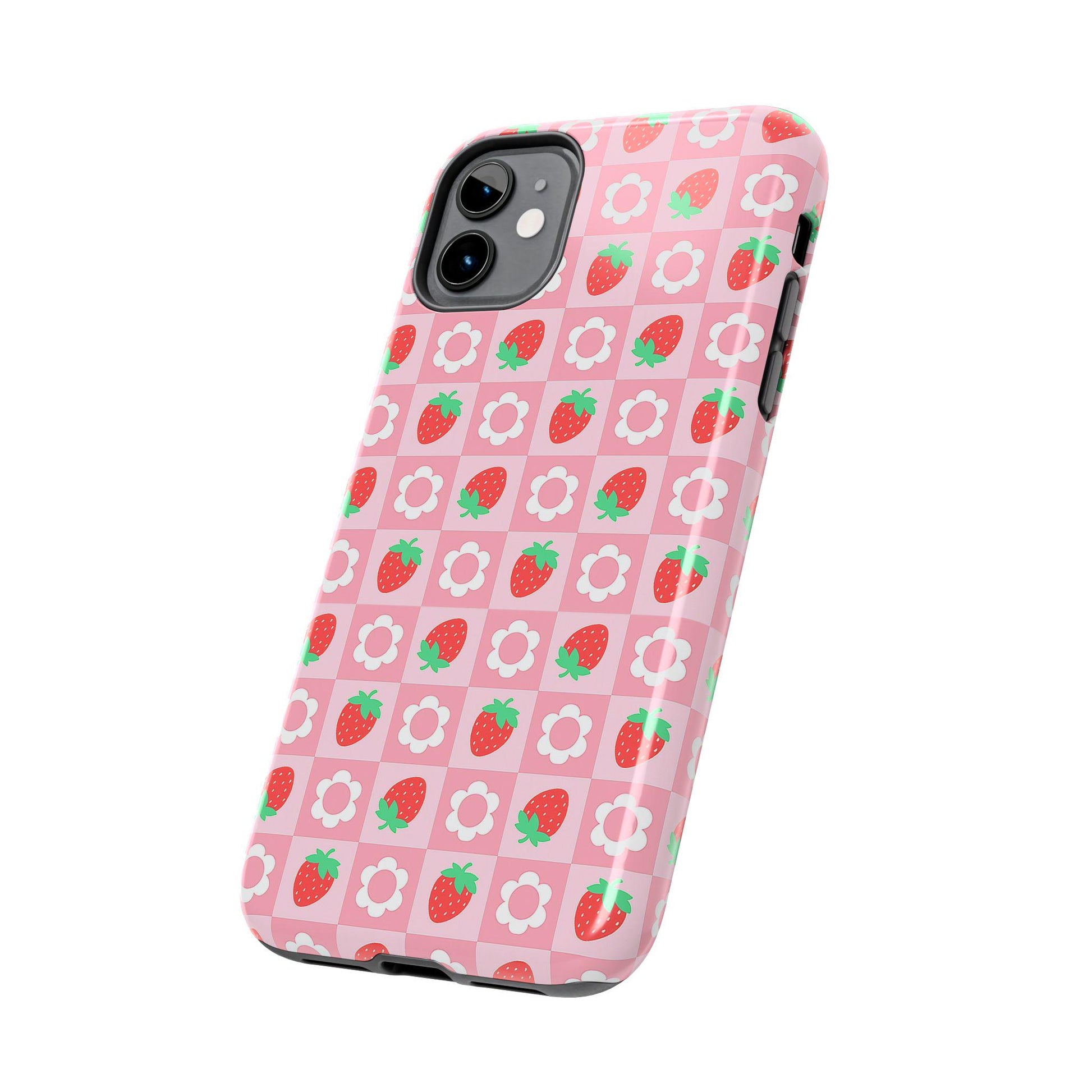 Strawberry Daisy Pink Checkered Phone Case, iPhone Cover