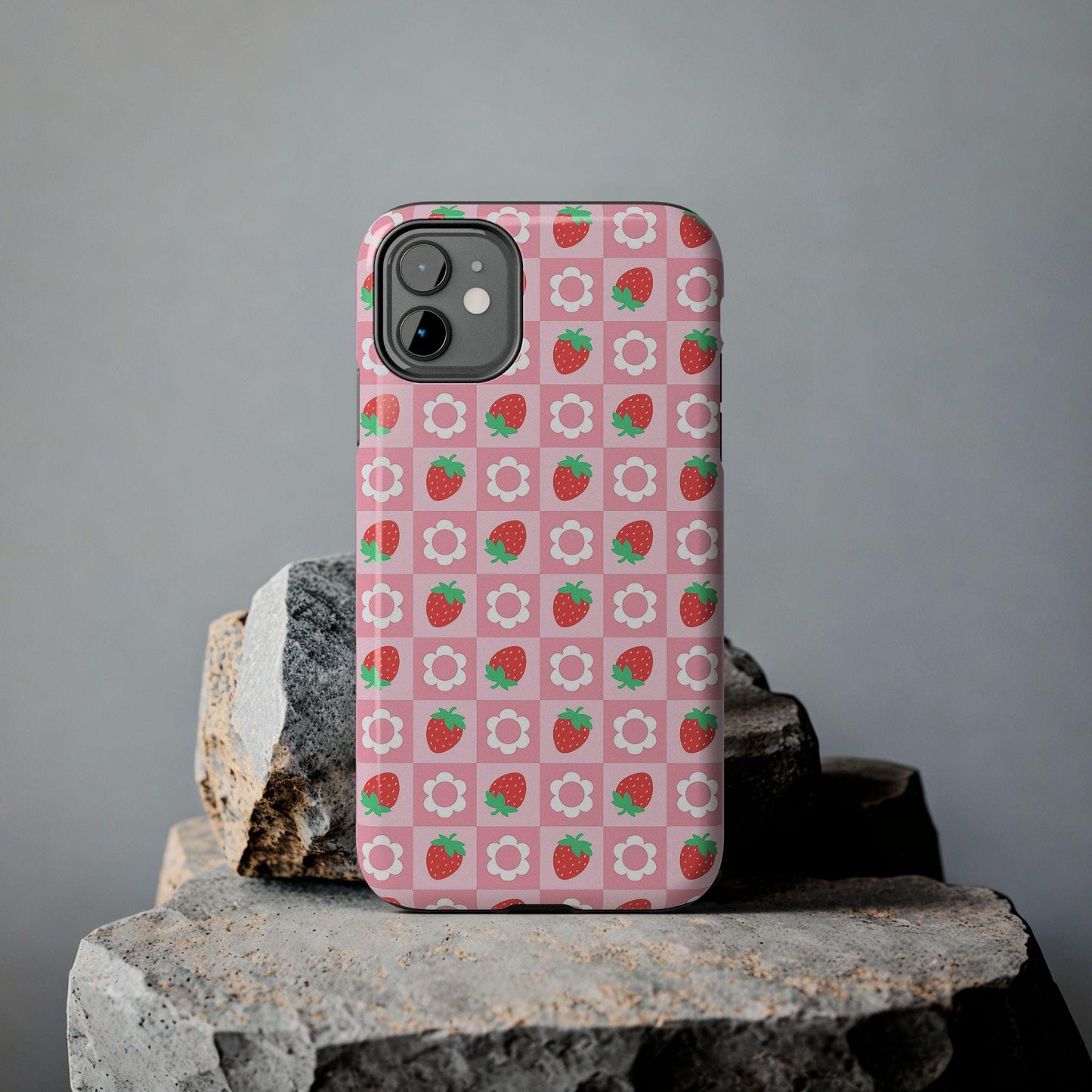Strawberry Daisy Pink Checkered Phone Case, iPhone Cover