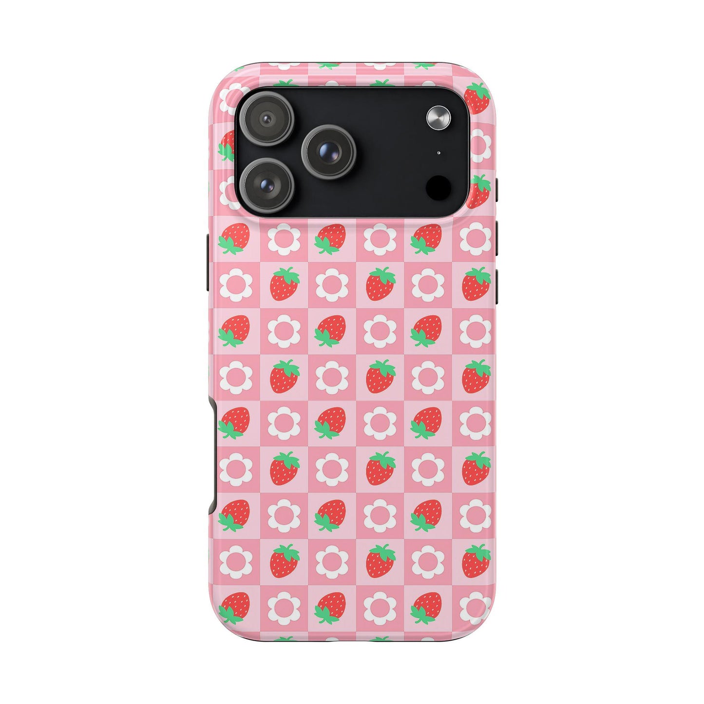Strawberry Daisy Pink Checkered Phone Case, iPhone Cover