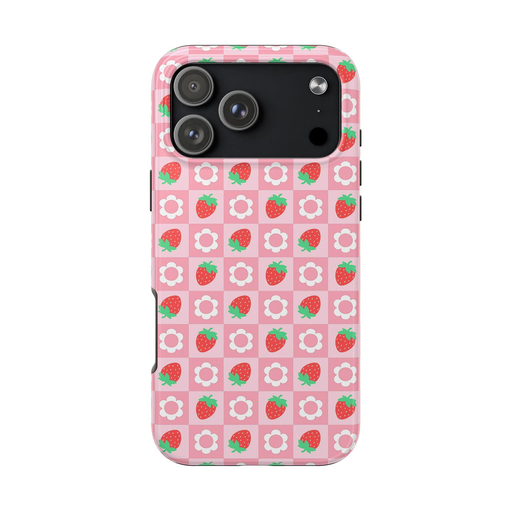Strawberry Daisy Pink Checkered Phone Case, iPhone Cover