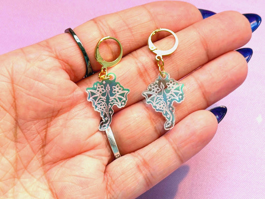Floral Dragon Earrings: Acrylic Iridescent Dangle Hoop or Hook Style