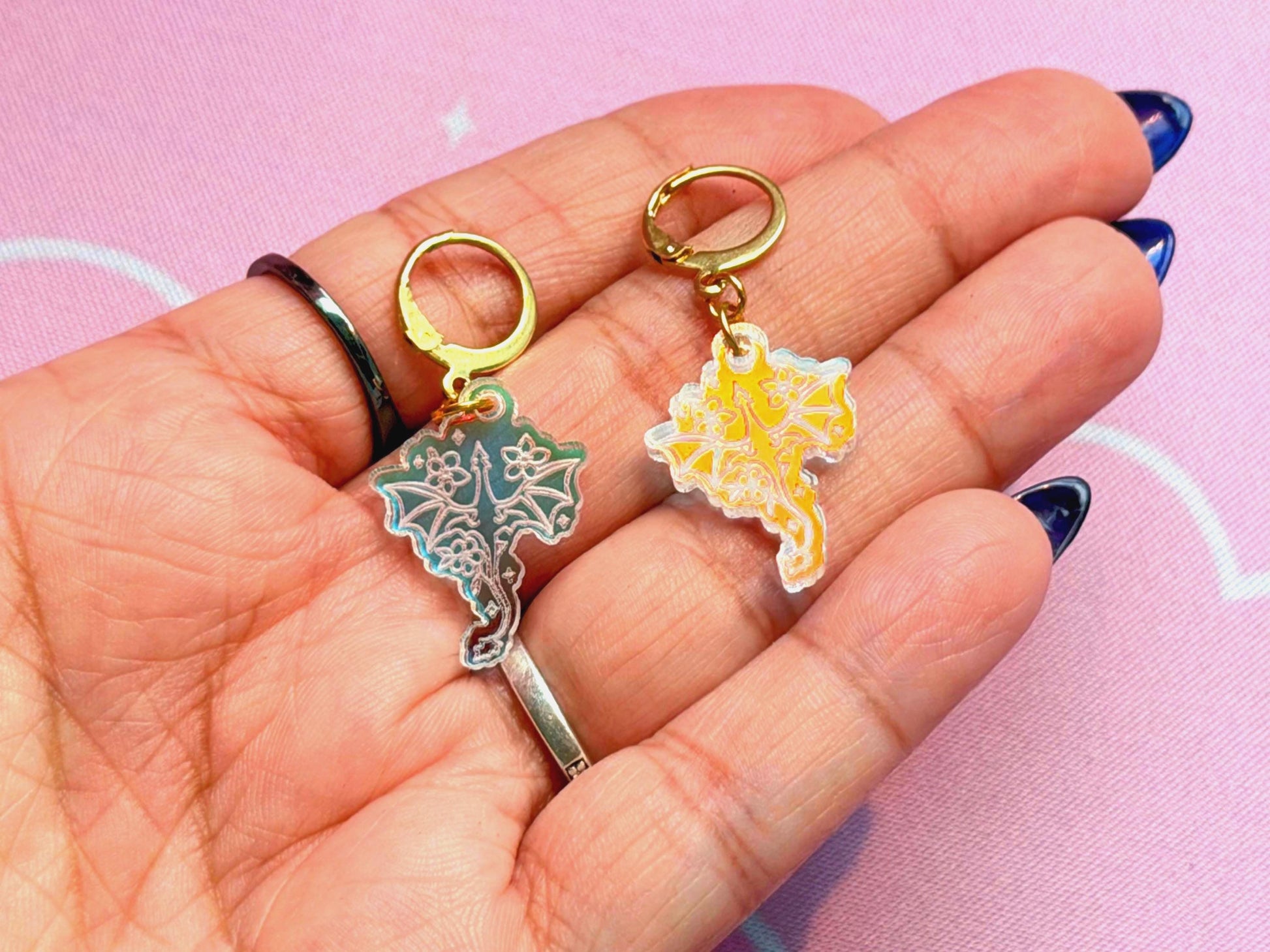 Floral Dragon Earrings: Acrylic Iridescent Dangle Hoop or Hook Style
