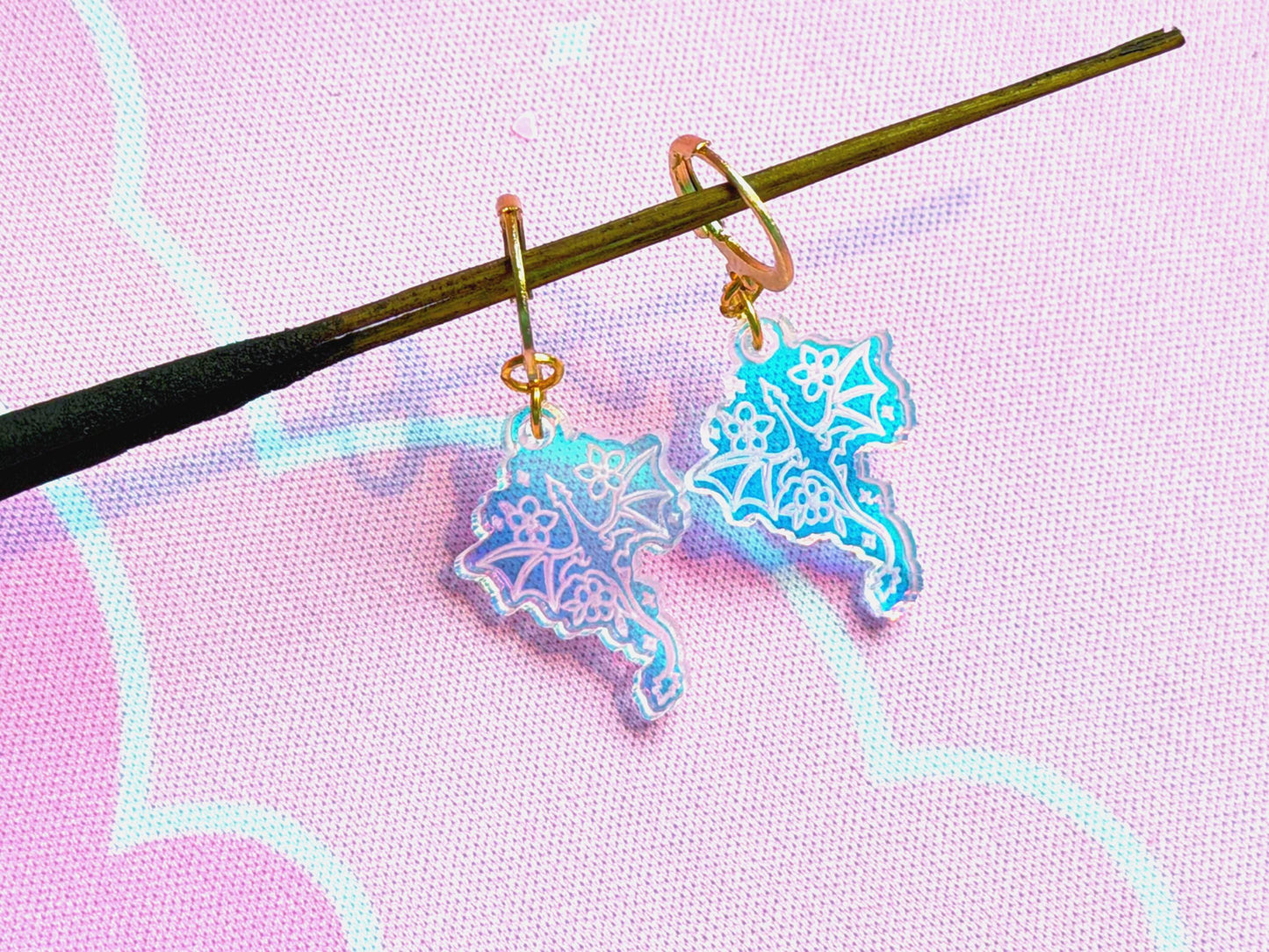 Floral Dragon Earrings: Acrylic Iridescent Dangle Hoop or Hook Style