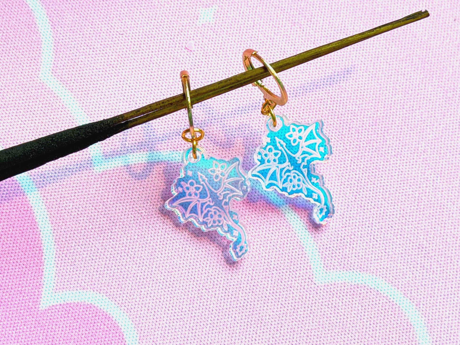 Floral Dragon Earrings: Acrylic Iridescent Dangle Hoop or Hook Style