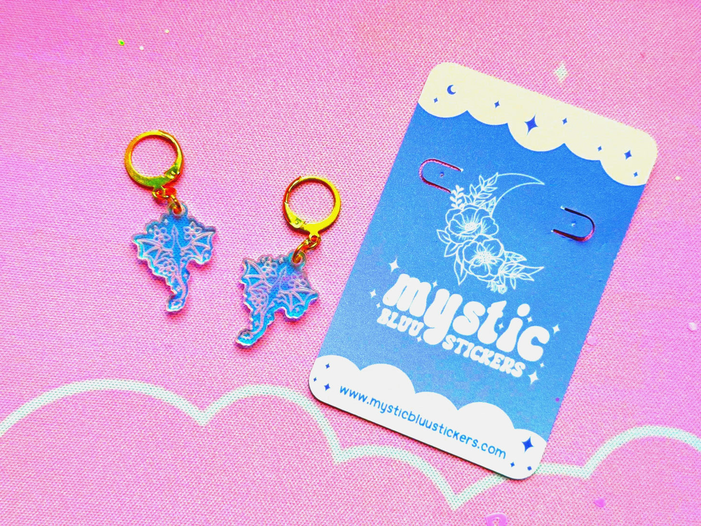 Floral Dragon Earrings: Acrylic Iridescent Dangle Hoop or Hook Style